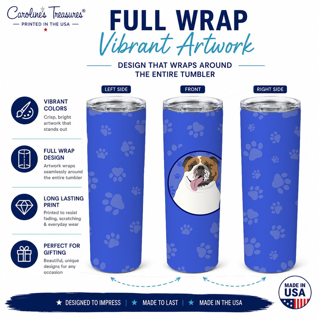 English Bulldog Tricolor #1  Stainless Steel Skinny Tumbler 20 oz Vacuum Double Walled Reusable Insulated Travel Cup