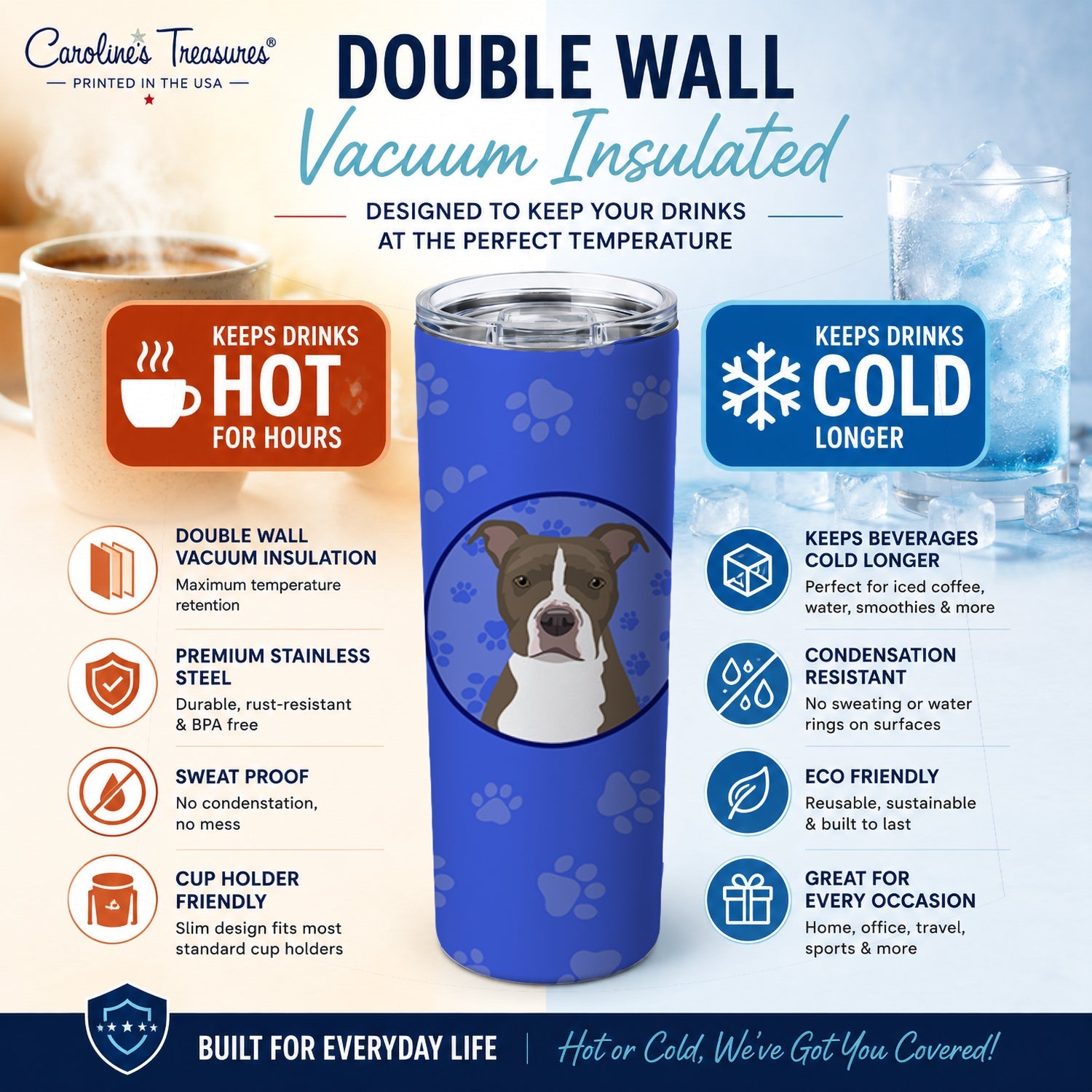 Pit Bull Blue #6  Stainless Steel Skinny Tumbler 20 oz Vacuum Double Walled Reusable Insulated Travel Cup