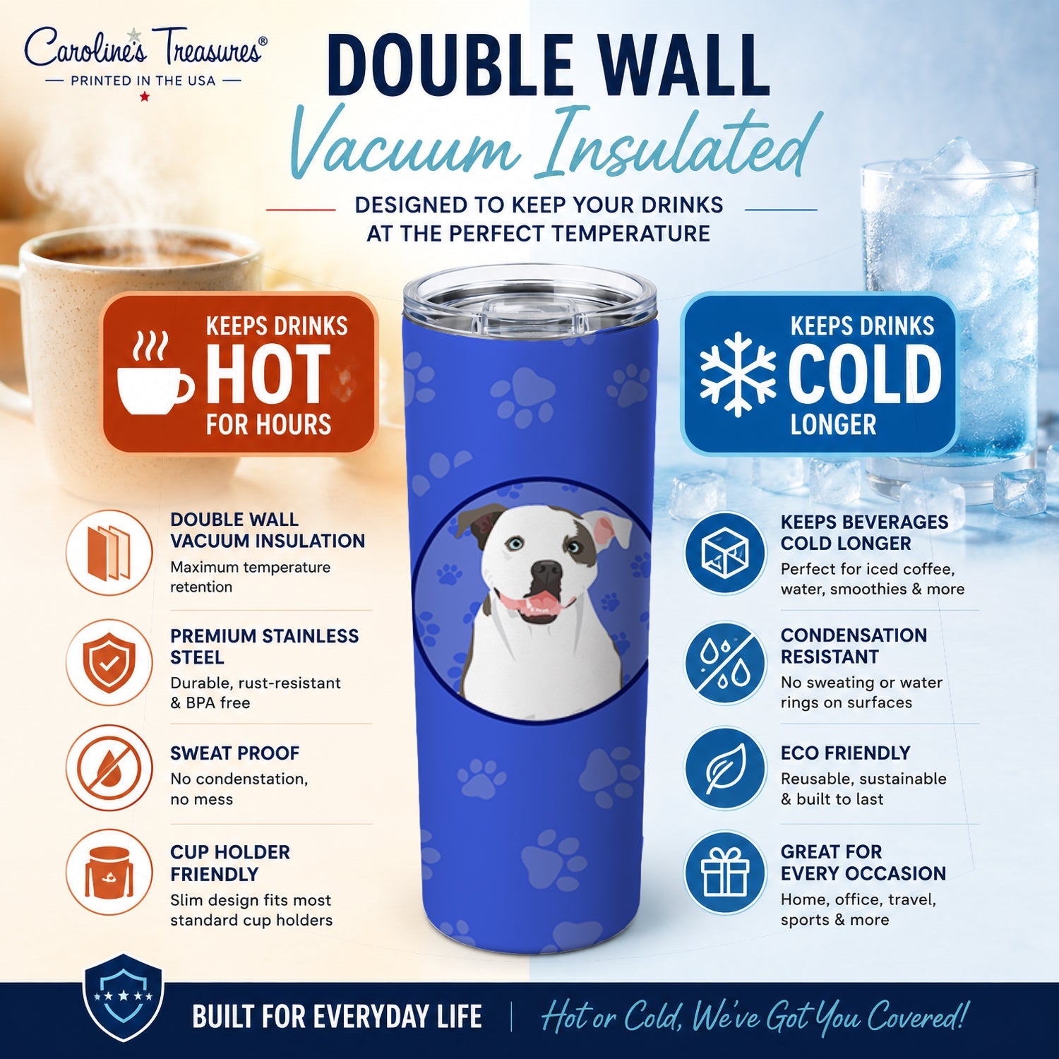 Pit Bull White #3  Stainless Steel Skinny Tumbler 20 oz Vacuum Double Walled Reusable Insulated Travel Cup