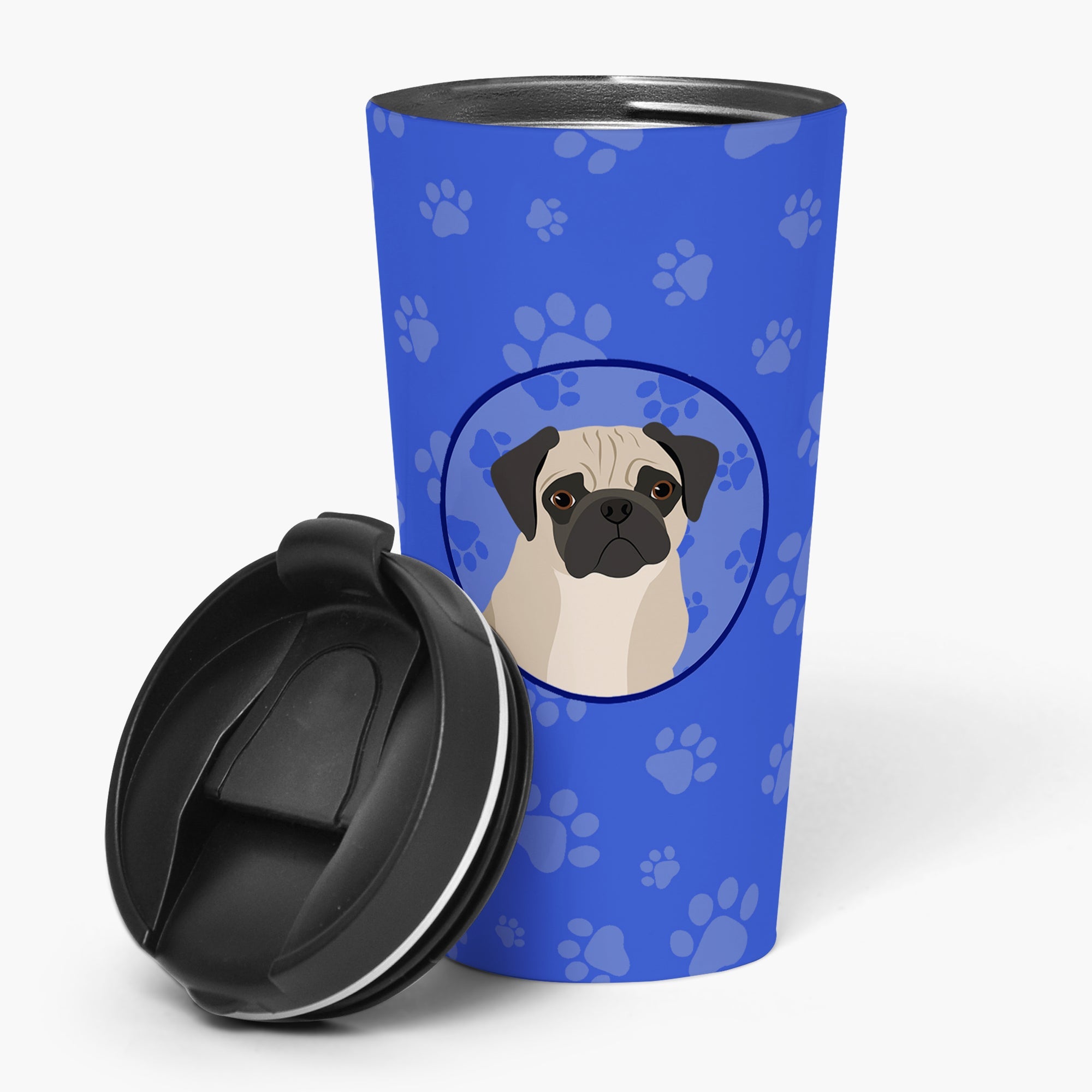 Pug Fawn #3  Stainless Steel 16 oz  Tumbler Blue Insulated Tumbler with Lid, Cute Travel Cup for Coffee, Cocktails, Gift Men, Dad, Women, Mother