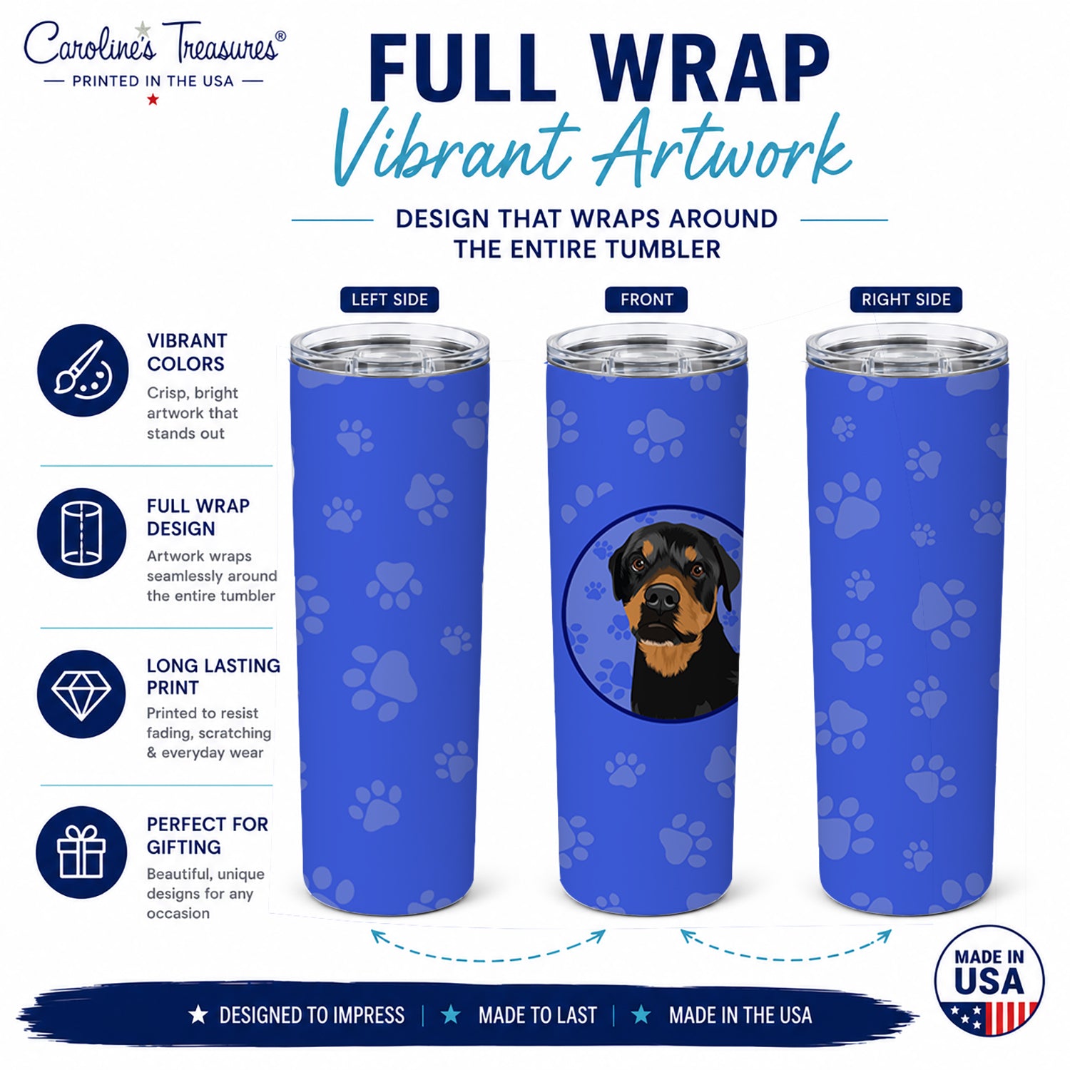 Rottweiler Black and Rust  Stainless Steel Skinny Tumbler 20 oz Vacuum Double Walled Reusable Insulated Travel Cup