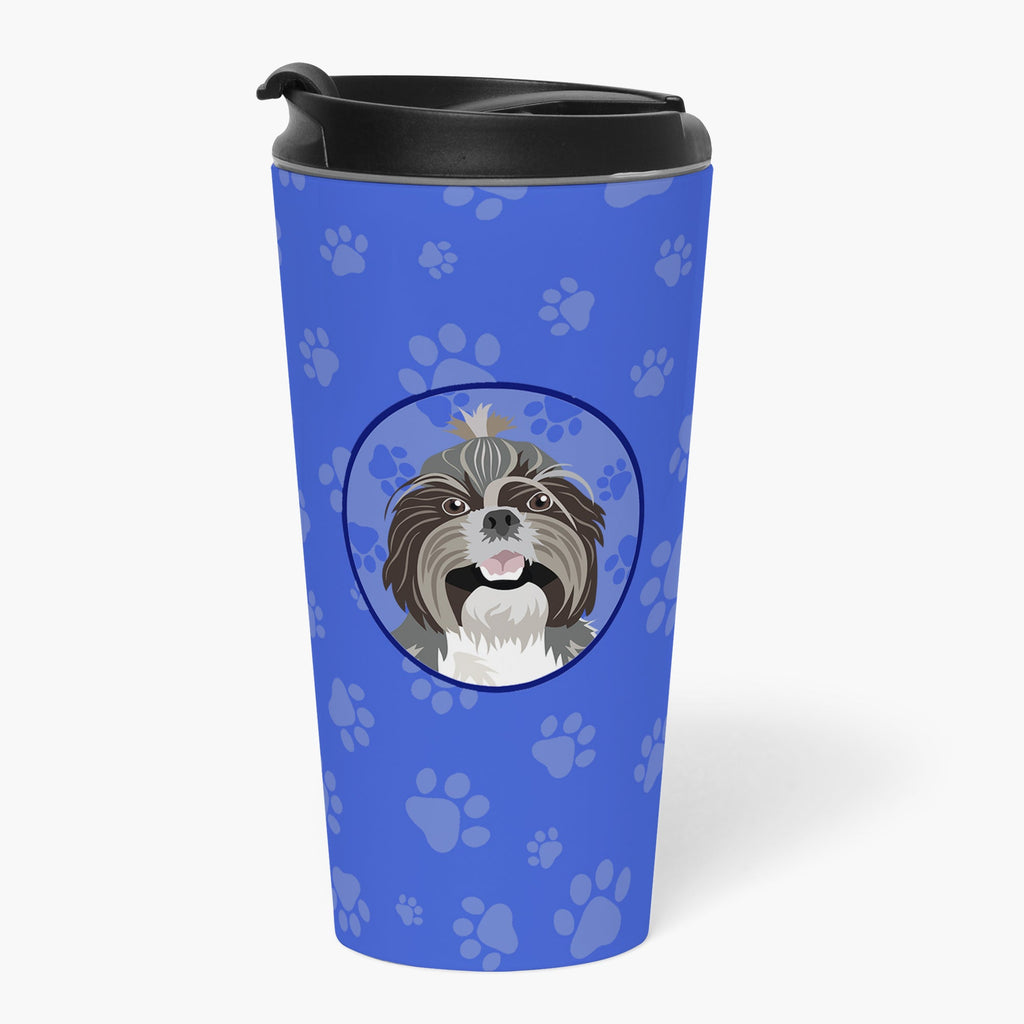 Shih-Tzu Silver and White #2  Stainless Steel 16 oz  Tumbler Blue Insulated Tumbler with Lid, Cute Travel Cup for Coffee, Cocktails, Gift Men, Dad, Women, Mother