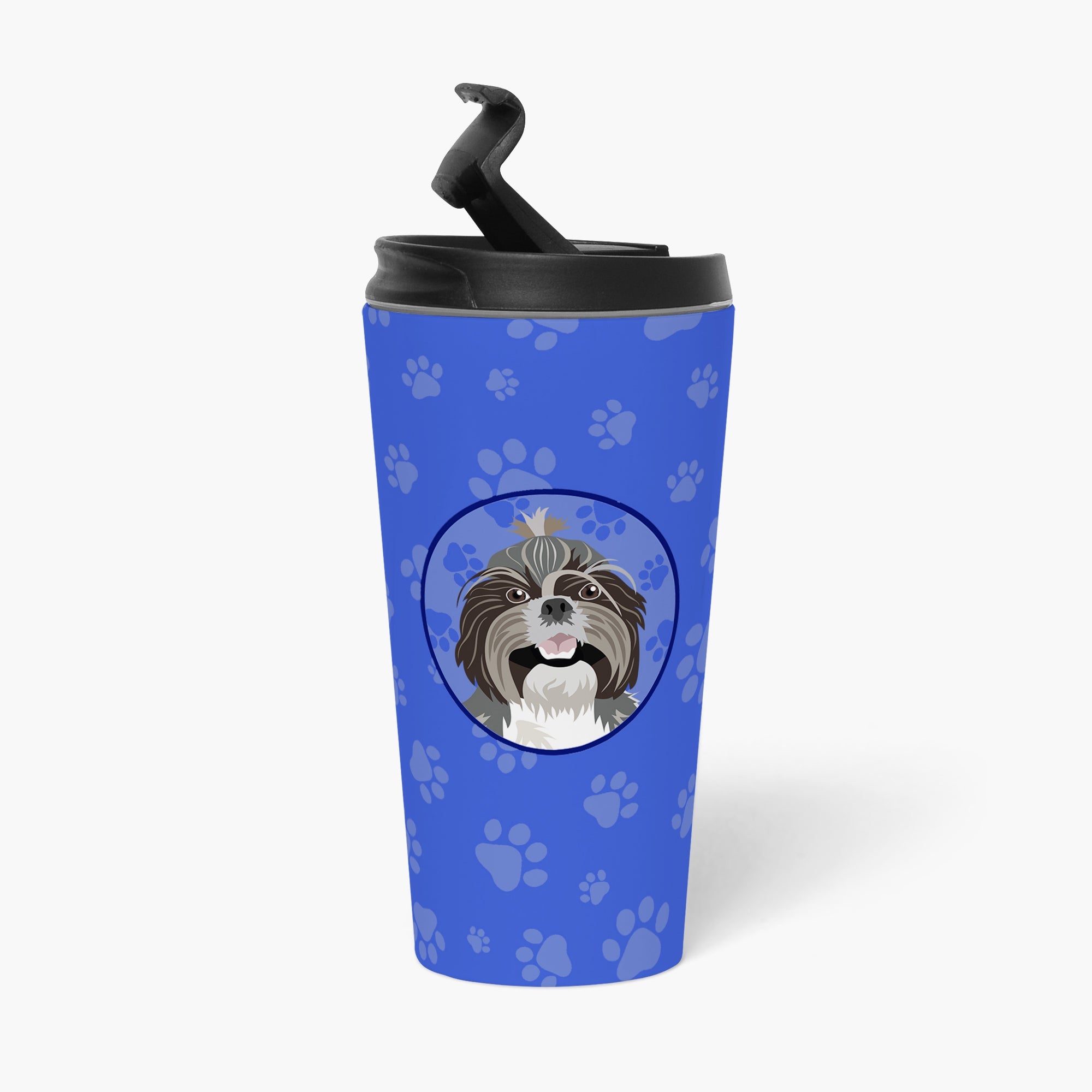 Shih-Tzu Silver and White #2  Stainless Steel 16 oz  Tumbler Blue Insulated Tumbler with Lid, Cute Travel Cup for Coffee, Cocktails, Gift Men, Dad, Women, Mother