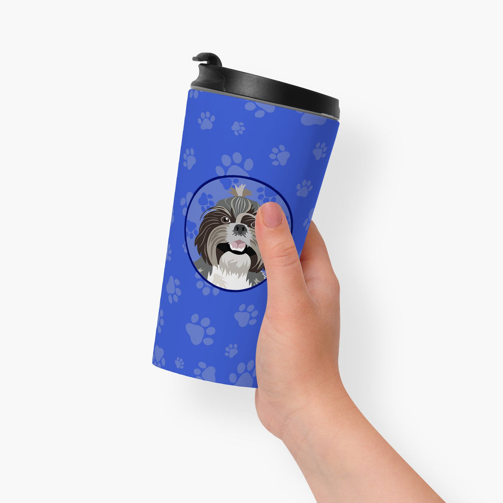Shih-Tzu Silver and White #2  Stainless Steel 16 oz  Tumbler Blue Insulated Tumbler with Lid, Cute Travel Cup for Coffee, Cocktails, Gift Men, Dad, Women, Mother