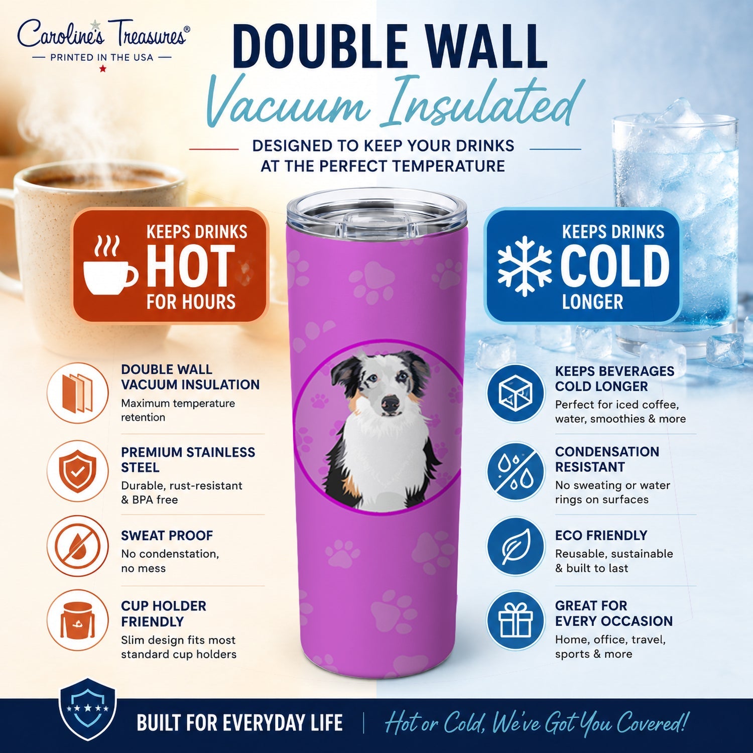 Australian Shepherd Blue Merle #1 Stainless Steel Skinny Tumbler 20 oz Vacuum Double Walled Reusable Insulated Travel Cup
