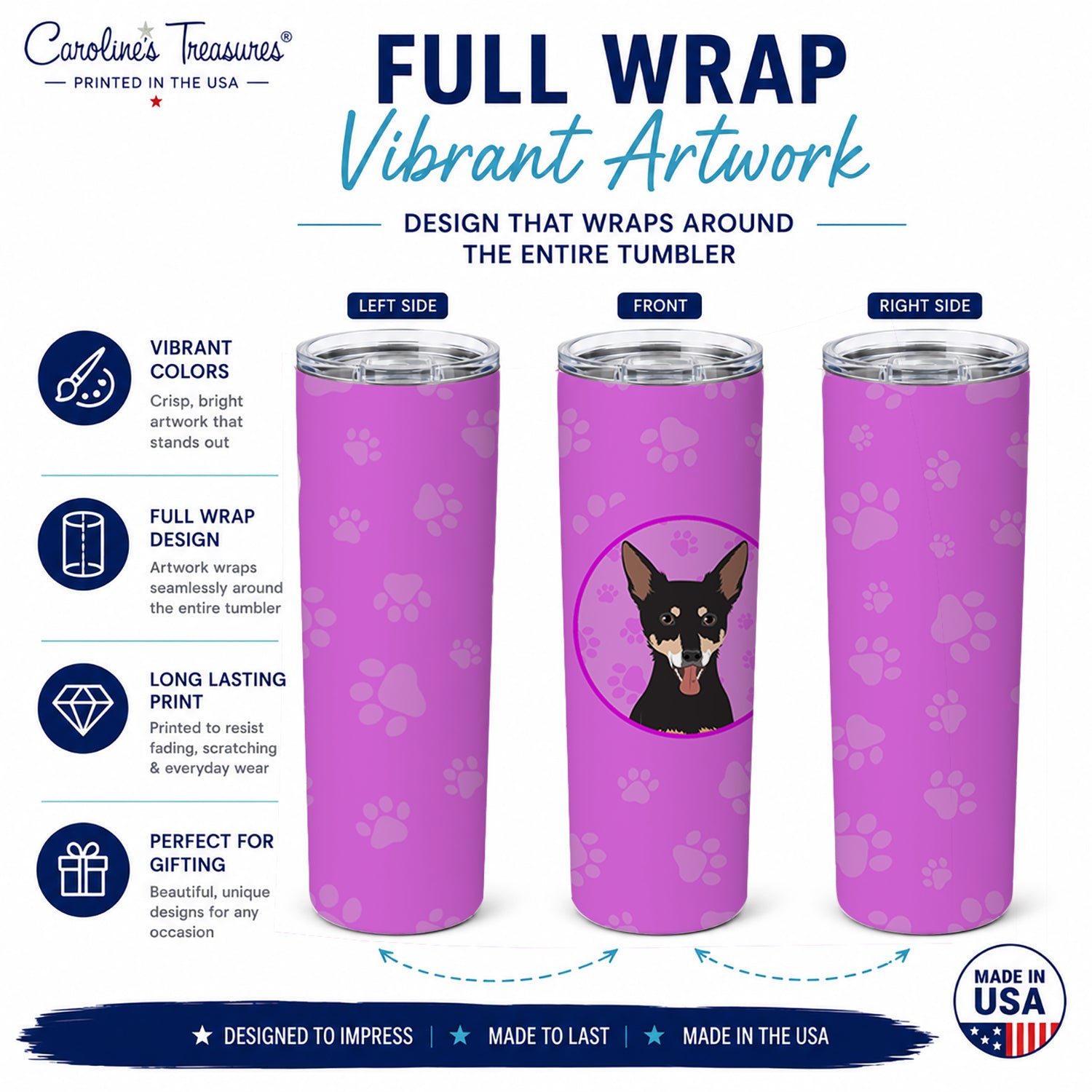 Chihuahua Tricolor #1 Stainless Steel Skinny Tumbler 20 oz Vacuum Double Walled Reusable Insulated Travel Cup