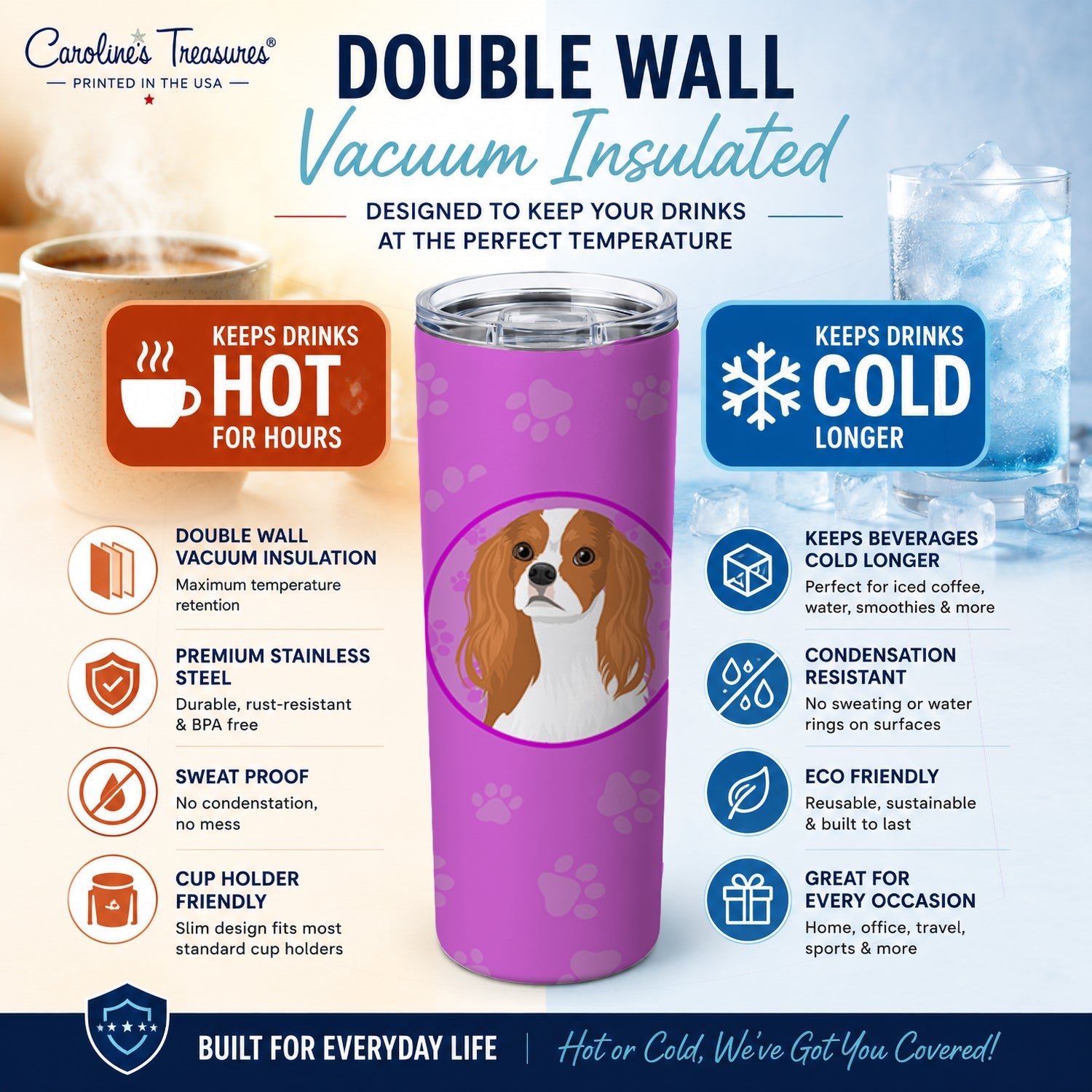 Cavalier King Charles Spaniel Blenheim #1 Stainless Steel Skinny Tumbler 20 oz Vacuum Double Walled Reusable Insulated Travel Cup