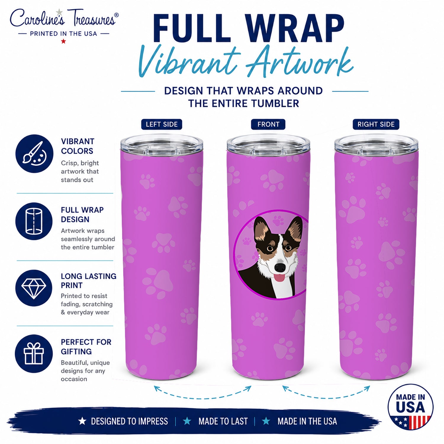 Pembroke Welsh Corgi Tricolor Black-Headed #2 Stainless Steel Skinny Tumbler 20 oz Vacuum Double Walled Reusable Insulated Travel Cup