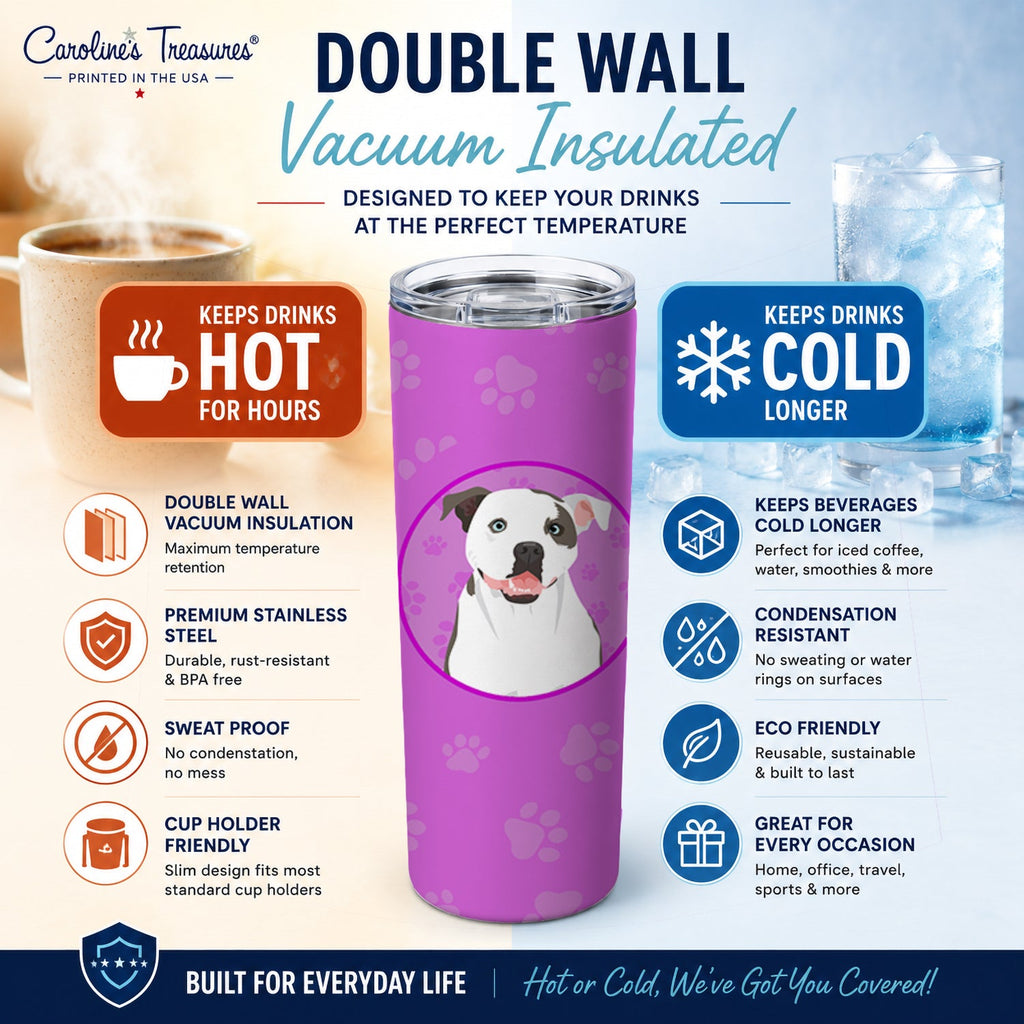 Pit Bull White #3 Stainless Steel Skinny Tumbler 20 oz Vacuum Double Walled Reusable Insulated Travel Cup