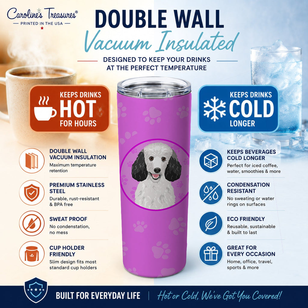 Poodle Standard Silver Stainless Steel Skinny Tumbler 20 oz Vacuum Double Walled Reusable Insulated Travel Cup