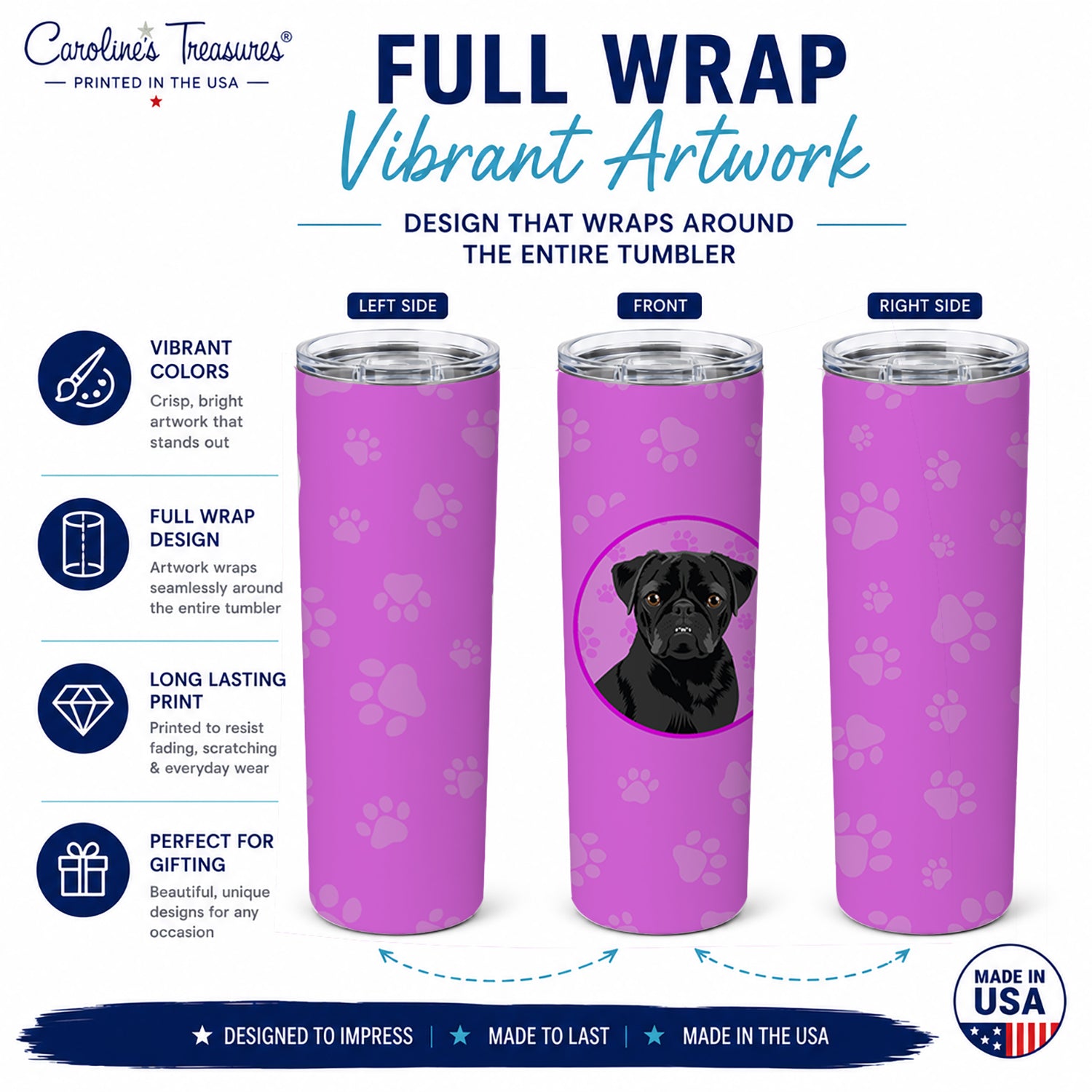 Pug Black #2 Stainless Steel Skinny Tumbler 20 oz Vacuum Double Walled Reusable Insulated Travel Cup