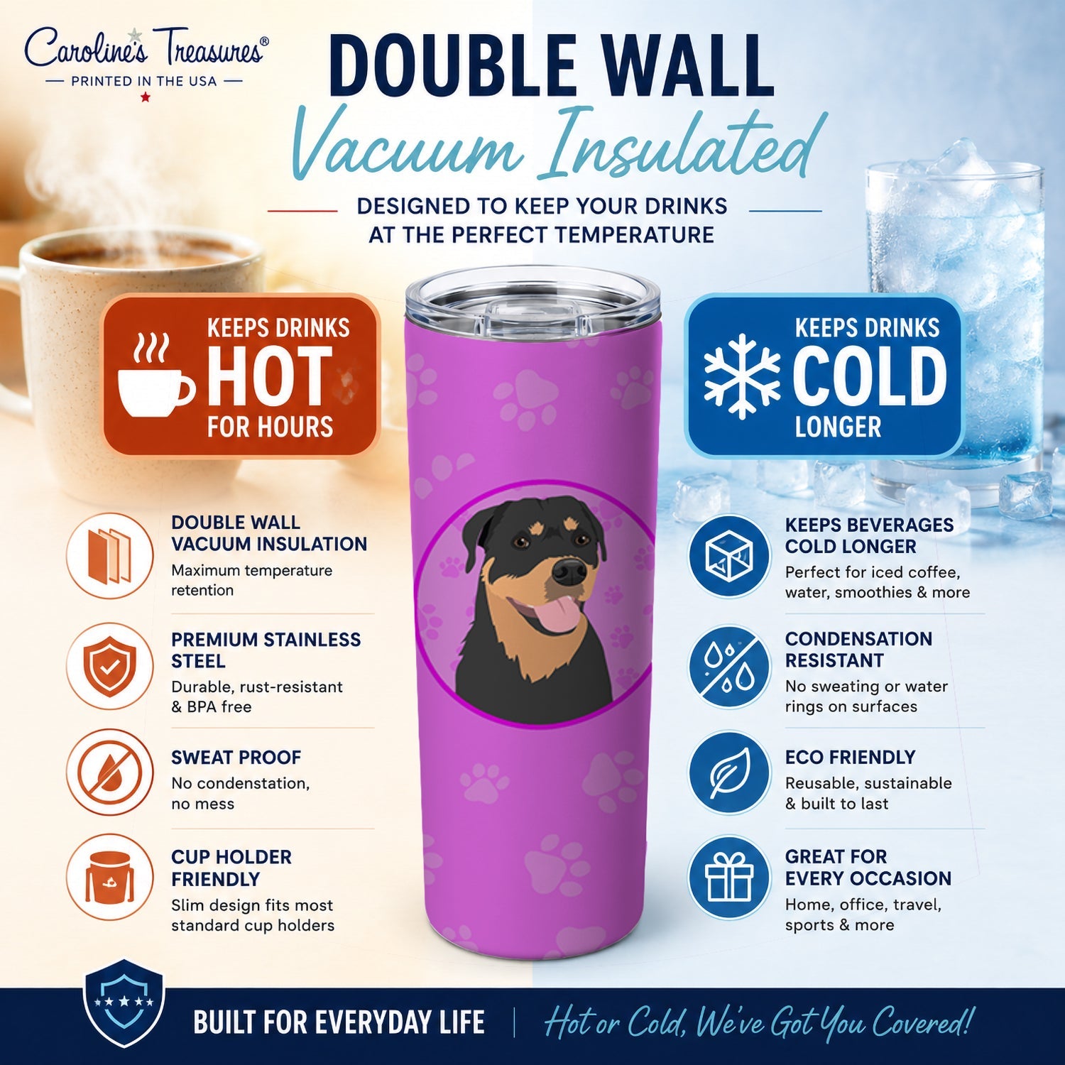 Rottweiler and Tan #7 Stainless Steel Skinny Tumbler 20 oz Vacuum Double Walled Reusable Insulated Travel Cup
