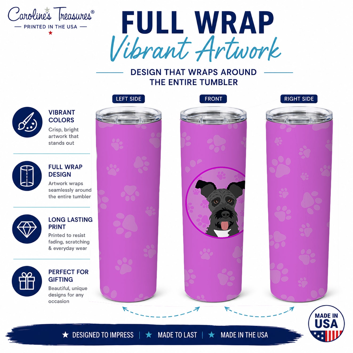 Schnauzer Black #3 Stainless Steel Skinny Tumbler 20 oz Vacuum Double Walled Reusable Insulated Travel Cup