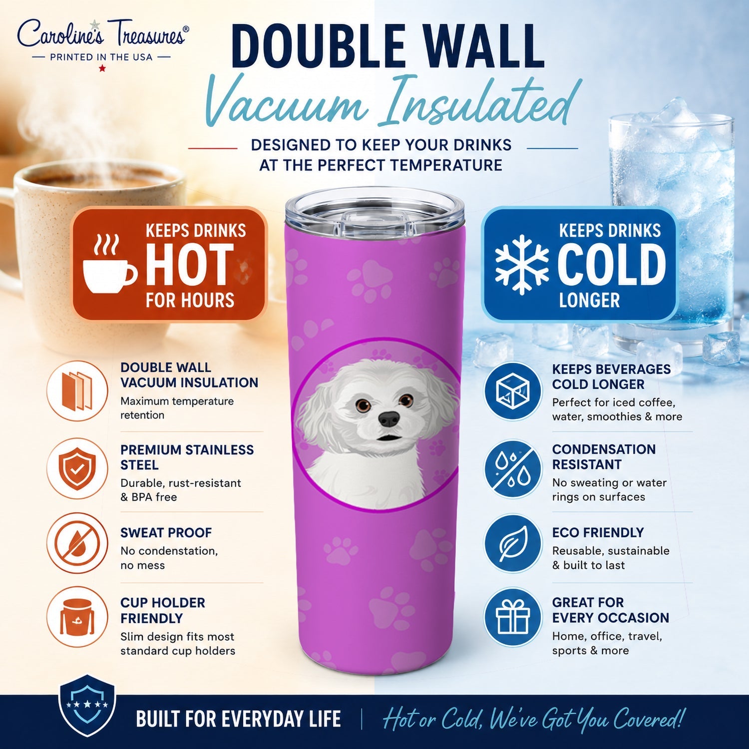 Shih-Tzu Silver and White #1 Stainless Steel Skinny Tumbler 20 oz Vacuum Double Walled Reusable Insulated Travel Cup