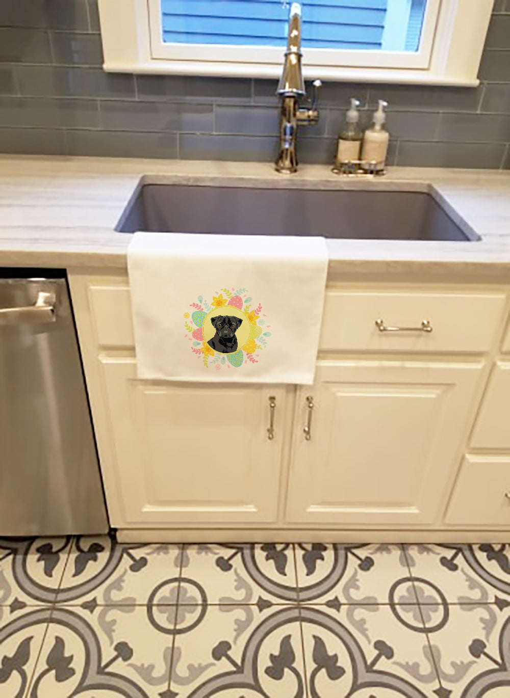 Pug Black #2 Easter Kitchen Towel Set of 2 White Dish Towels Decorative Bathroom Hand towel for Hand, Face, Hair, Yoga, Tea, Dishcloth, 19 X 28", White