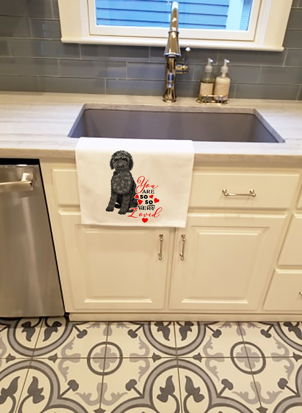 Doodle Black #2 so Loved Kitchen Towel Set of 2 White Dish Towels Decorative Bathroom Hand towel for Hand, Face, Hair, Yoga, Tea, Dishcloth, 19 X 28", White