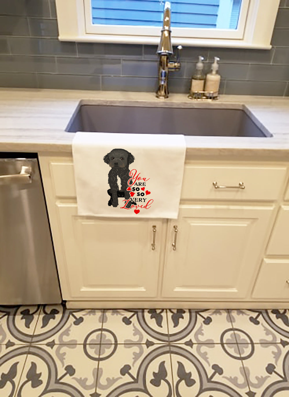 Doodle Black and White #1 so Loved Kitchen Towel Set of 2 White Dish Towels Decorative Bathroom Hand towel for Hand, Face, Hair, Yoga, Tea, Dishcloth, 19 X 28", White