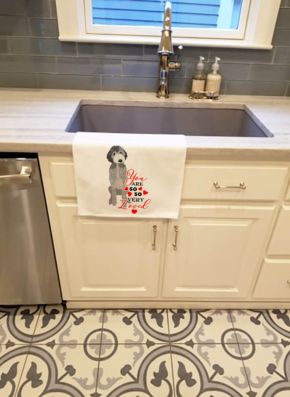 Doodle Silver #1 so Loved Kitchen Towel Set of 2 White Dish Towels Decorative Bathroom Hand towel for Hand, Face, Hair, Yoga, Tea, Dishcloth, 19 X 28", White