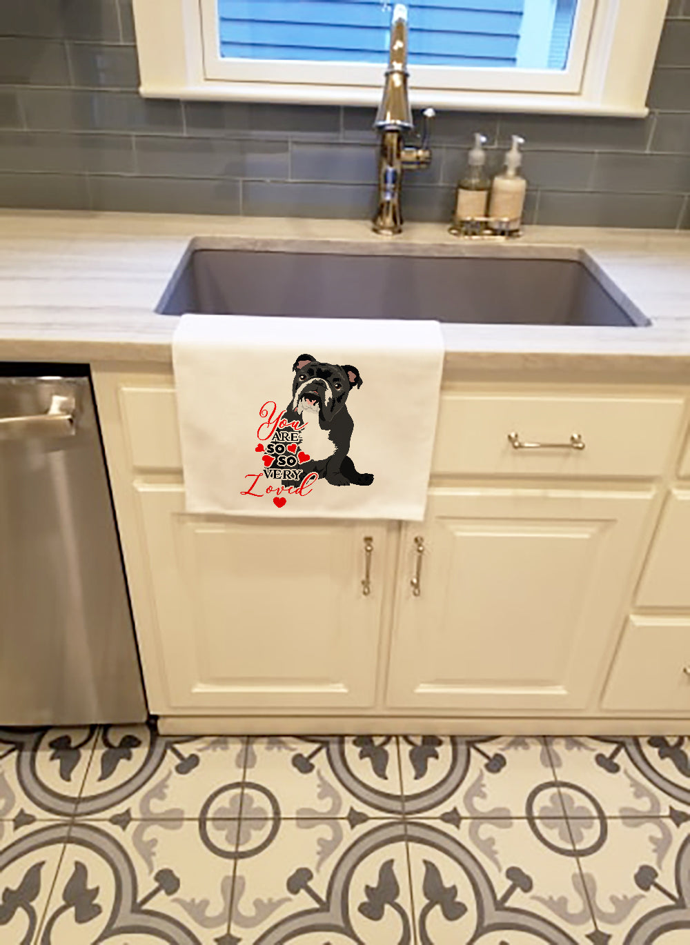 English Bulldog Black and White so Loved Kitchen Towel Set of 2 White Dish Towels Decorative Bathroom Hand towel for Hand, Face, Hair, Yoga, Tea, Dishcloth, 19 X 28", White