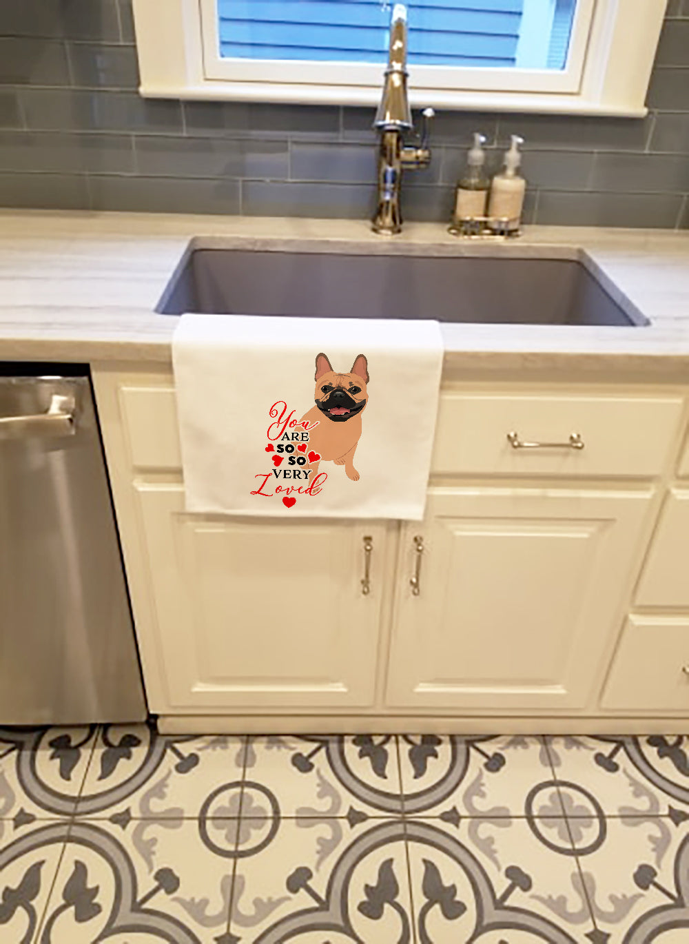 French Bulldog Fawn #2 so Loved Kitchen Towel Set of 2 White Dish Towels Decorative Bathroom Hand towel for Hand, Face, Hair, Yoga, Tea, Dishcloth, 19 X 28", White