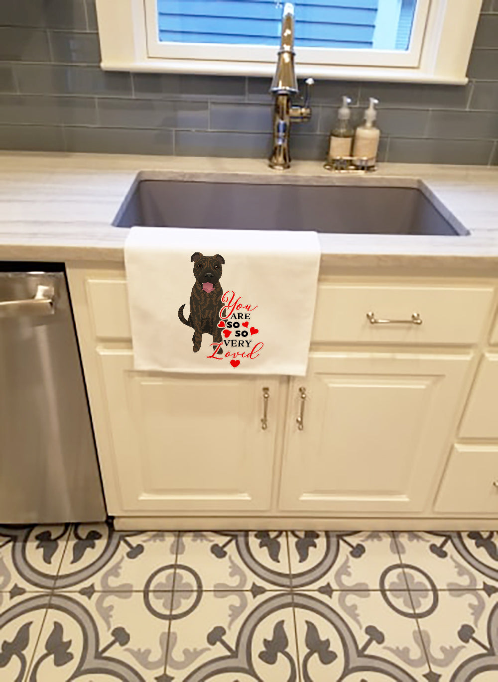 Pit Bull Brindle #1 so Loved Kitchen Towel Set of 2 White Dish Towels Decorative Bathroom Hand towel for Hand, Face, Hair, Yoga, Tea, Dishcloth, 19 X 28", White