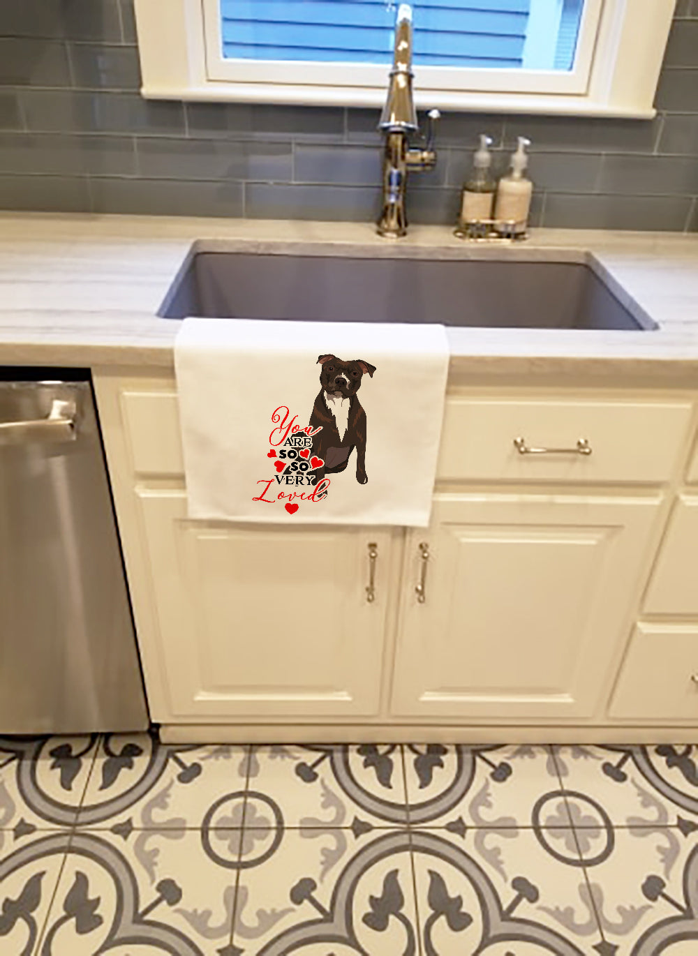 Pit Bull Brindle #2 so Loved Kitchen Towel Set of 2 White Dish Towels Decorative Bathroom Hand towel for Hand, Face, Hair, Yoga, Tea, Dishcloth, 19 X 28", White