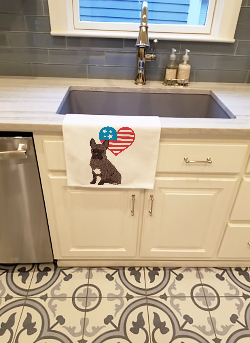 French Bulldog Brindle #1 Patriotic Kitchen Towel Set of 2 White Dish Towels Decorative Bathroom Hand towel for Hand, Face, Hair, Yoga, Tea, Dishcloth, 19 X 28", White