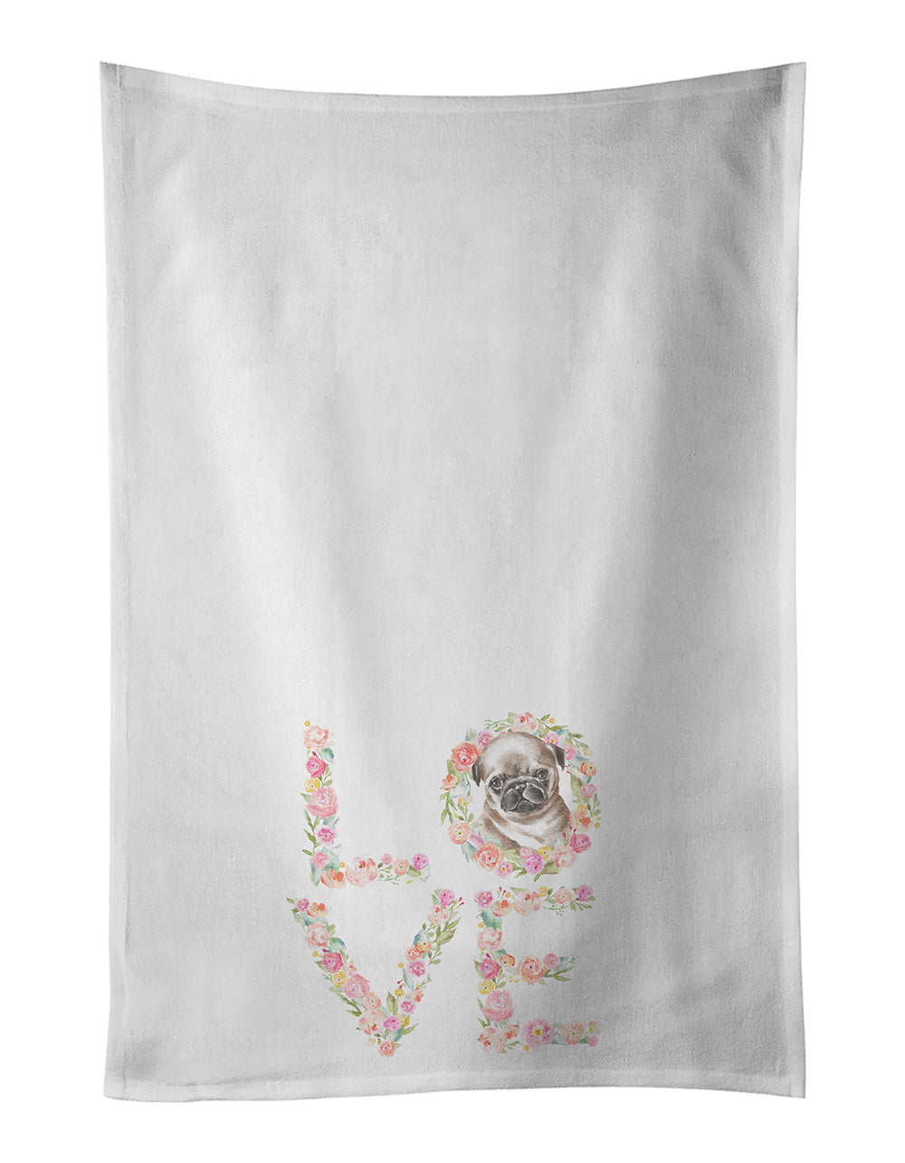 Pug #3 LOVE Kitchen Towel Set of 2 White Dish Towels Decorative Bathroom Hand towel for Hand, Face, Hair, Yoga, Tea, Dishcloth, 19 X 28", White