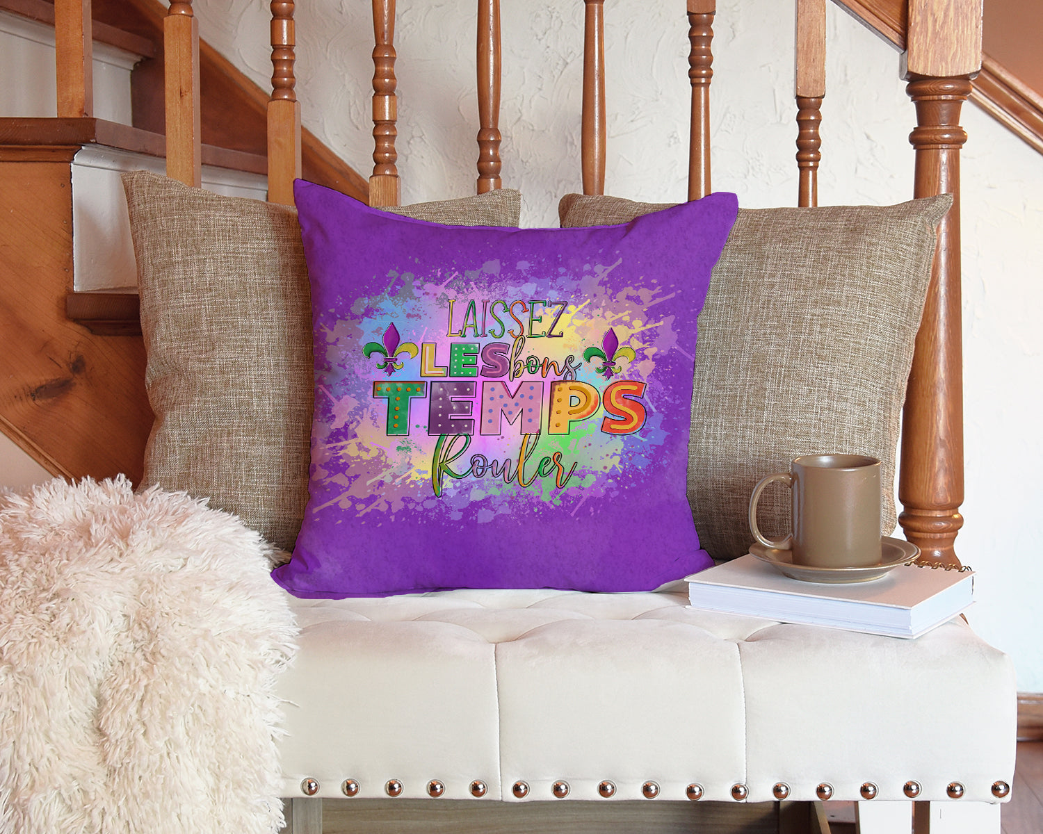 Laissex Les bons Temps Rouler Mardi Gras Decorative Throw Pillow 14x14 Indoor Outdoor Accent Cushion, Fabric Cover with Insert for Sofa, Bed, Porch & Living Room