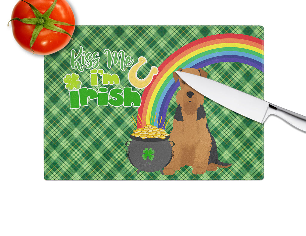 Black and Tan Airedale Terrier St. Patrick's Day Cutting Board Tempered Glass Kitchen Cutting Surface, Heat Resistant Chopping, Non-Slip Feet, Food Prep & Serving