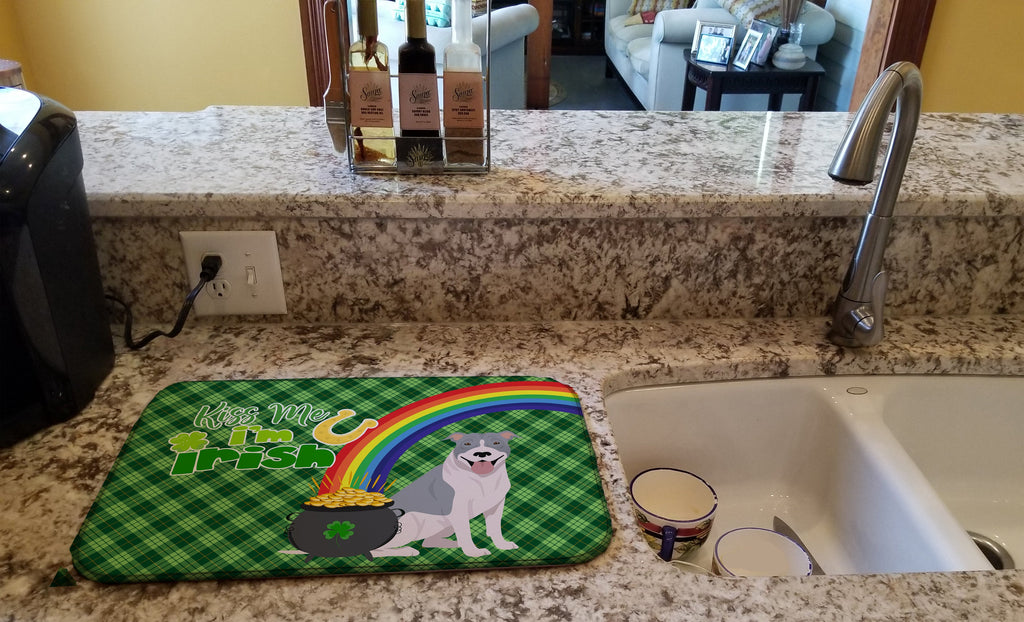 Blue and White Pit Bull Terrier St. Patrick's Day Dish Drying Mat Absorbent Dish Drying Mat Pad for Kitchen Counter Dish Drainer Mat for Countertop, 14 x 21", Multicolor