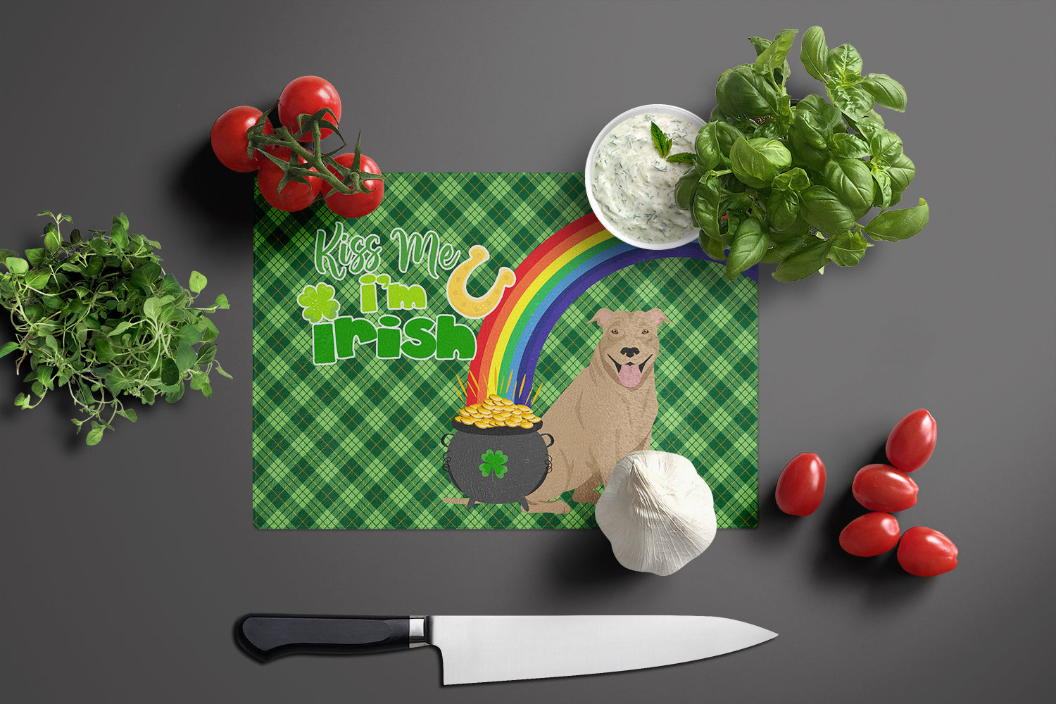 Fawn Pit Bull Terrier St. Patrick's Day Cutting Board Tempered Glass Kitchen Cutting Surface, Heat Resistant Chopping, Non-Slip Feet, Food Prep & Serving