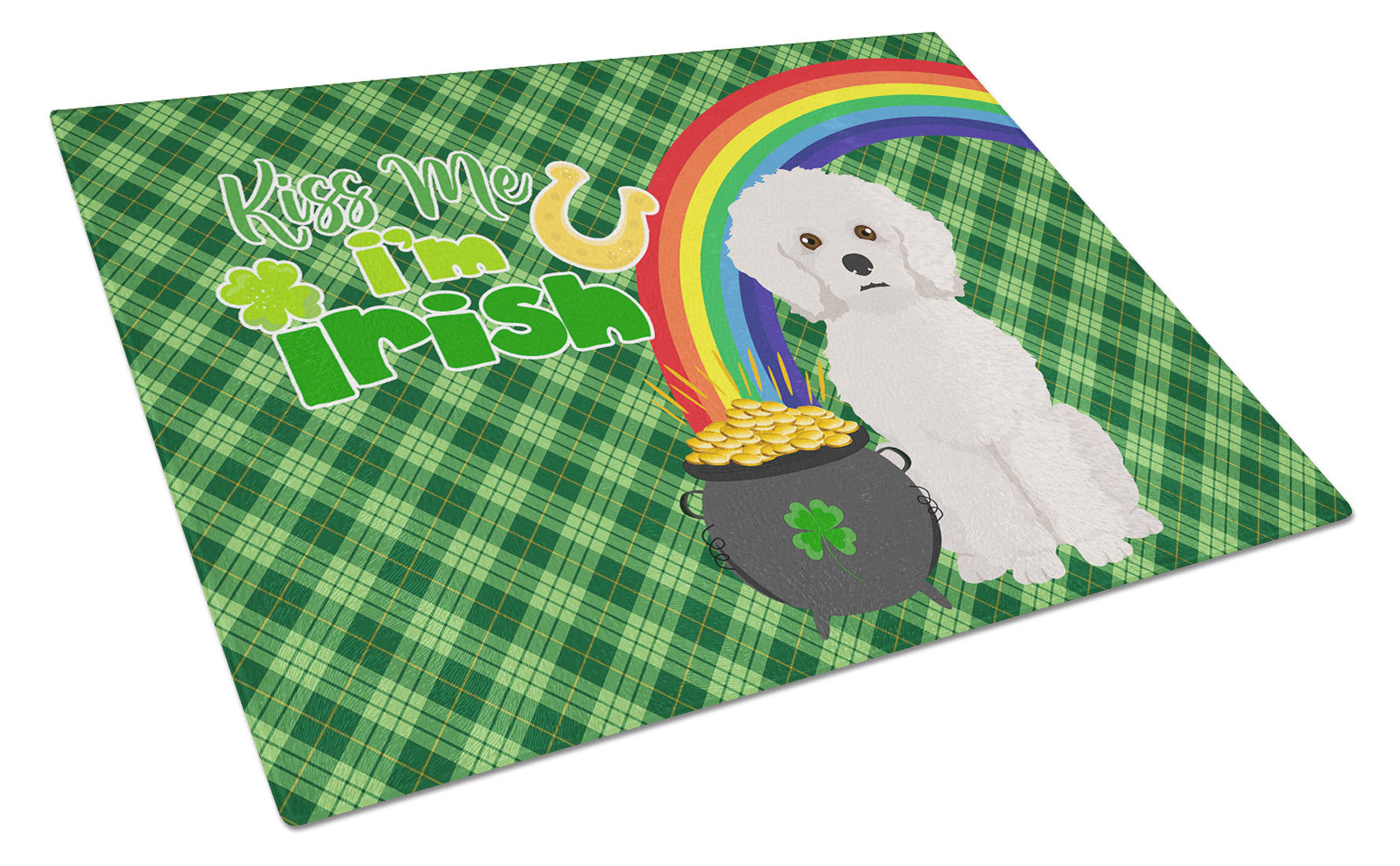 Bichon Frise St. Patrick's Day Cutting Board Tempered Glass Kitchen Cutting Surface, Heat Resistant Chopping, Non-Slip Feet, Food Prep & Serving