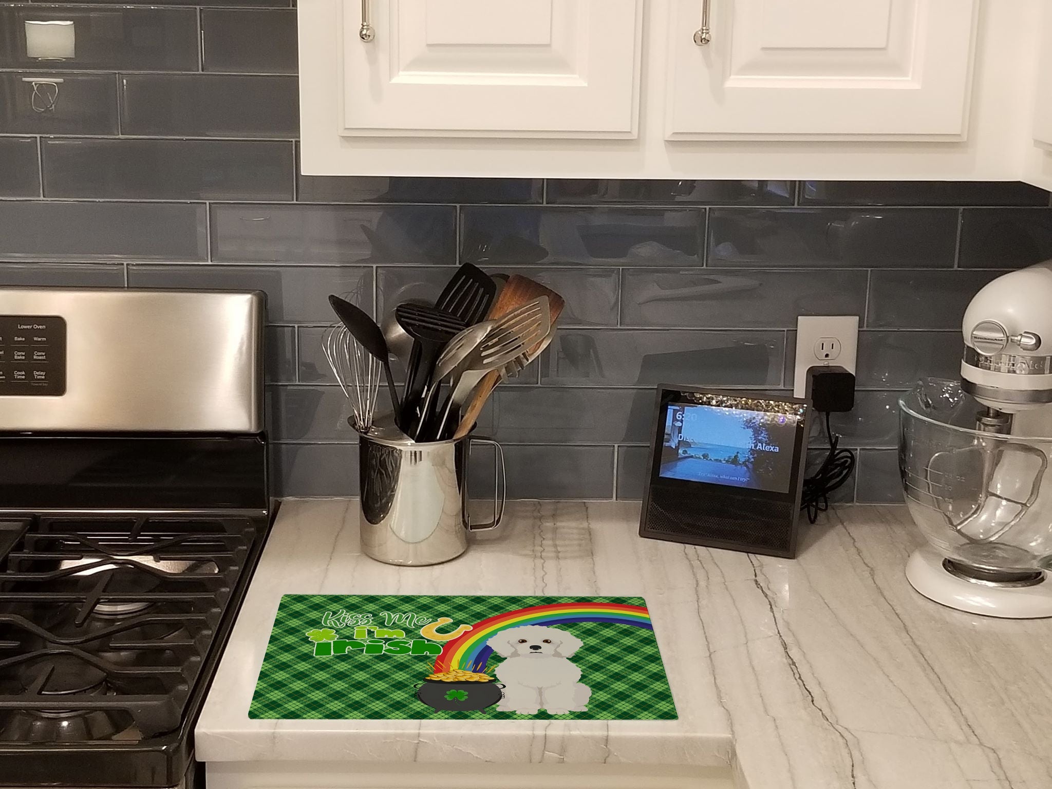 Bichon Frise St. Patrick's Day Cutting Board Tempered Glass Kitchen Cutting Surface, Heat Resistant Chopping, Non-Slip Feet, Food Prep & Serving