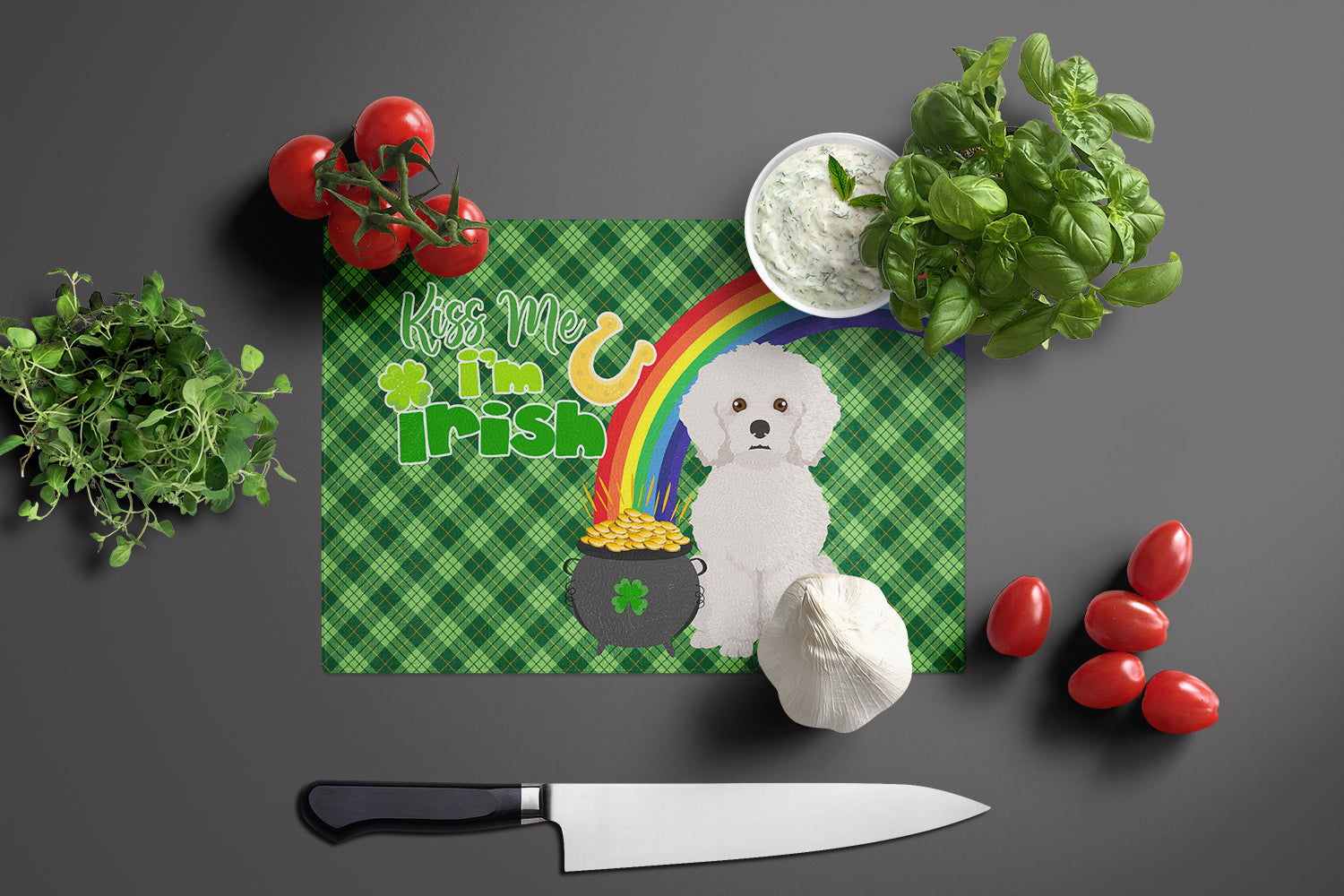 Bichon Frise St. Patrick's Day Cutting Board Tempered Glass Kitchen Cutting Surface, Heat Resistant Chopping, Non-Slip Feet, Food Prep & Serving