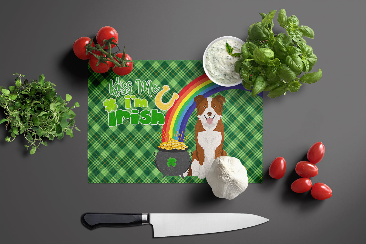 Red and White Border Collie St. Patrick's Day Cutting Board Tempered Glass Kitchen Cutting Surface, Heat Resistant Chopping, Non-Slip Feet, Food Prep & Serving