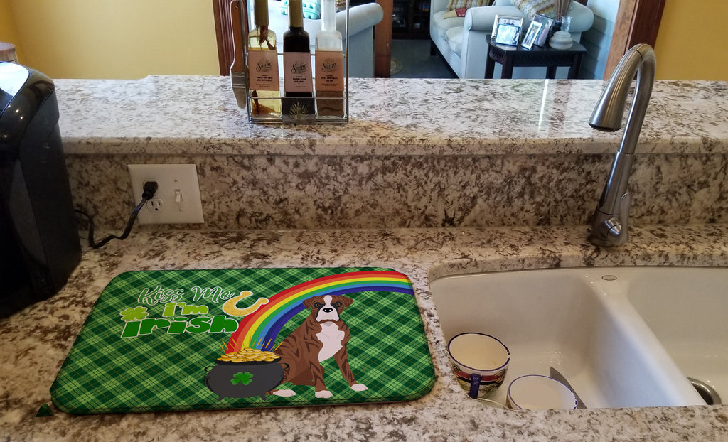 Natural Eared Red Brindle Boxer St. Patrick's Day Dish Drying Mat Absorbent Dish Drying Mat Pad for Kitchen Counter Dish Drainer Mat for Countertop, 14 x 21", Multicolor