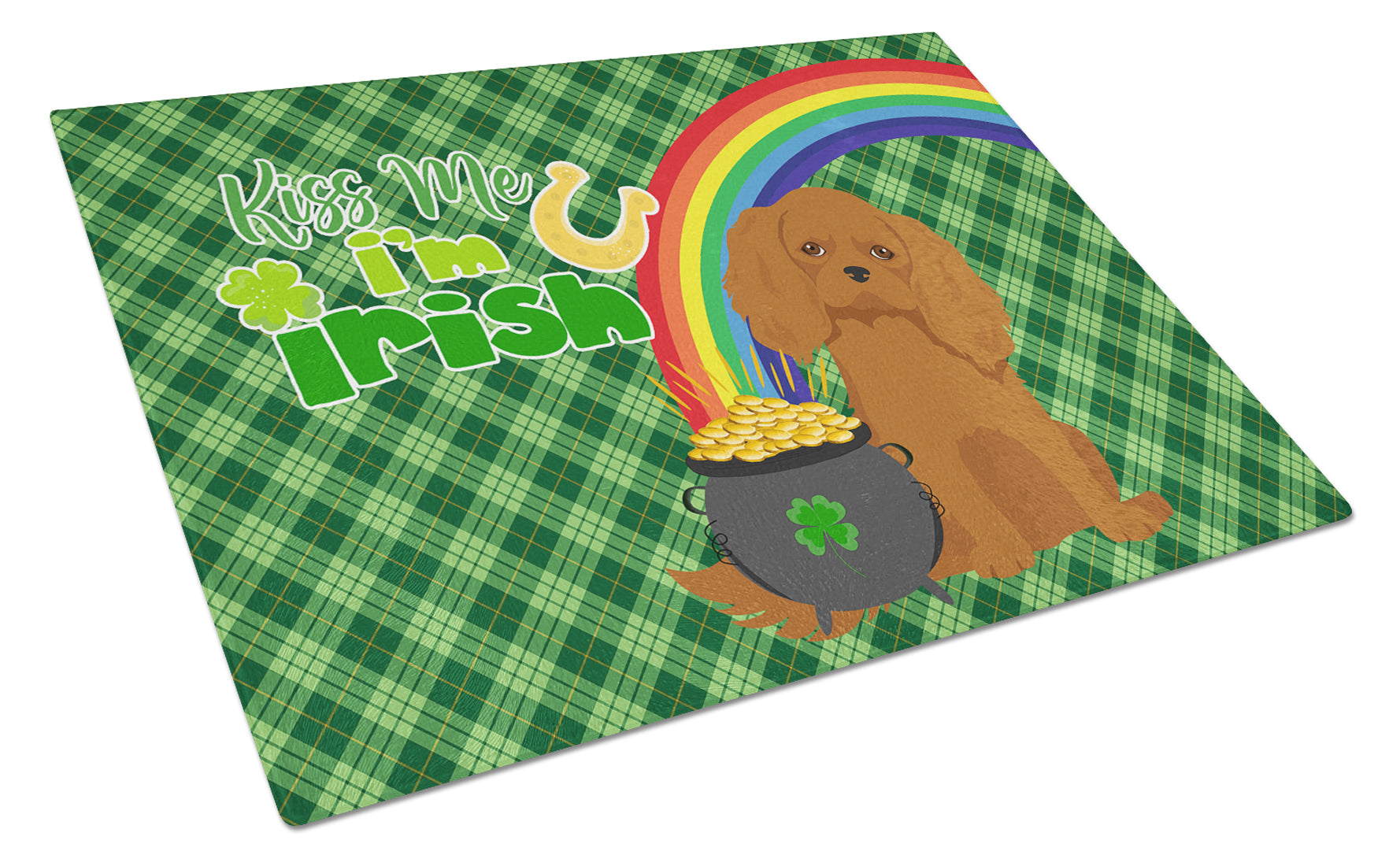 Ruby Cavalier Spaniel St. Patrick's Day Cutting Board Tempered Glass Kitchen Cutting Surface, Heat Resistant Chopping, Non-Slip Feet, Food Prep & Serving