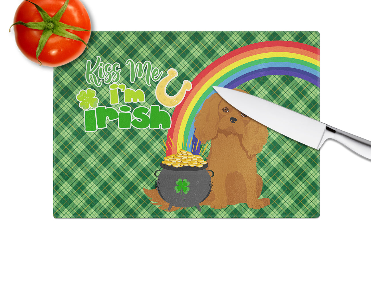 Ruby Cavalier Spaniel St. Patrick's Day Cutting Board Tempered Glass Kitchen Cutting Surface, Heat Resistant Chopping, Non-Slip Feet, Food Prep & Serving