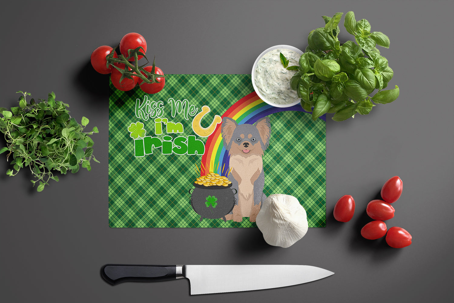 Longhaired Blue and Tan Chihuahua St. Patrick's Day Cutting Board Tempered Glass Kitchen Cutting Surface, Heat Resistant Chopping, Non-Slip Feet, Food Prep & Serving