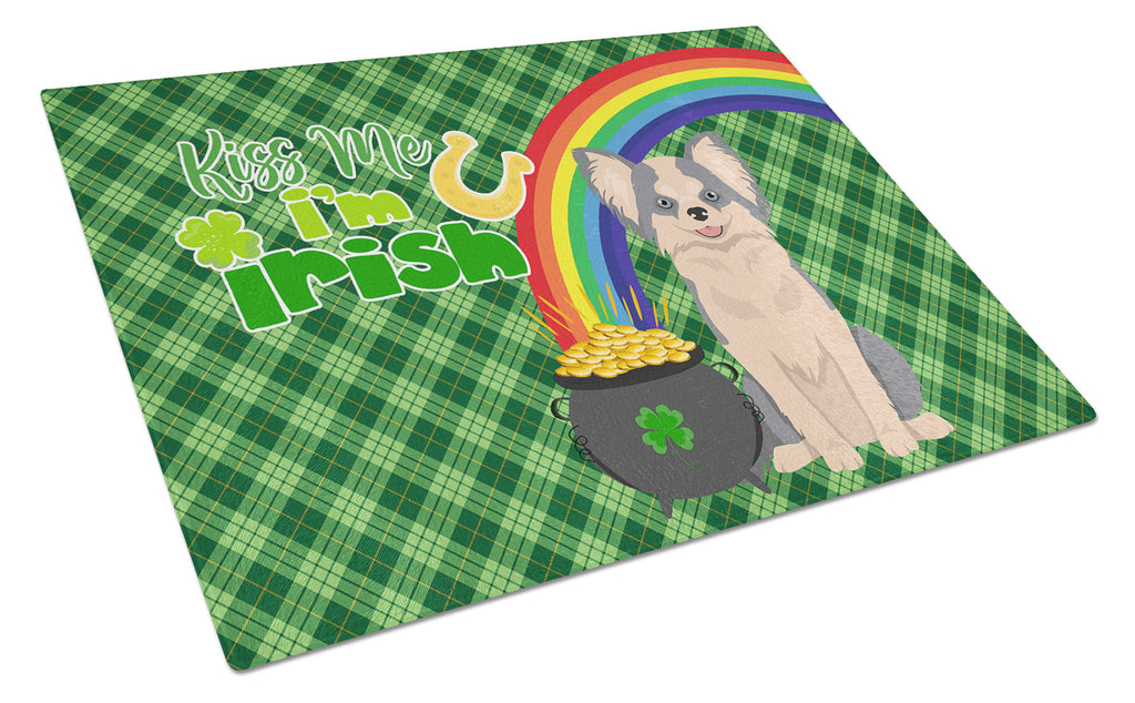Longhaired Blue and White Chihuahua St. Patrick's Day Cutting Board Tempered Glass Kitchen Cutting Surface, Heat Resistant Chopping, Non-Slip Feet, Food Prep & Serving