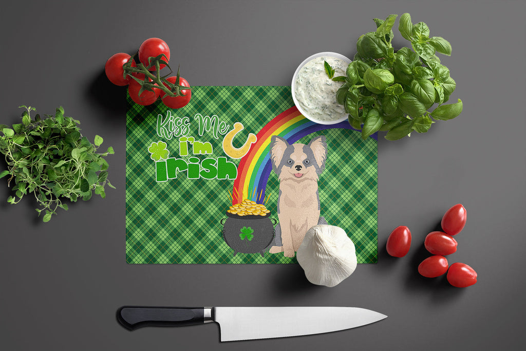 Longhaired Blue and White Chihuahua St. Patrick's Day Cutting Board Tempered Glass Kitchen Cutting Surface, Heat Resistant Chopping, Non-Slip Feet, Food Prep & Serving