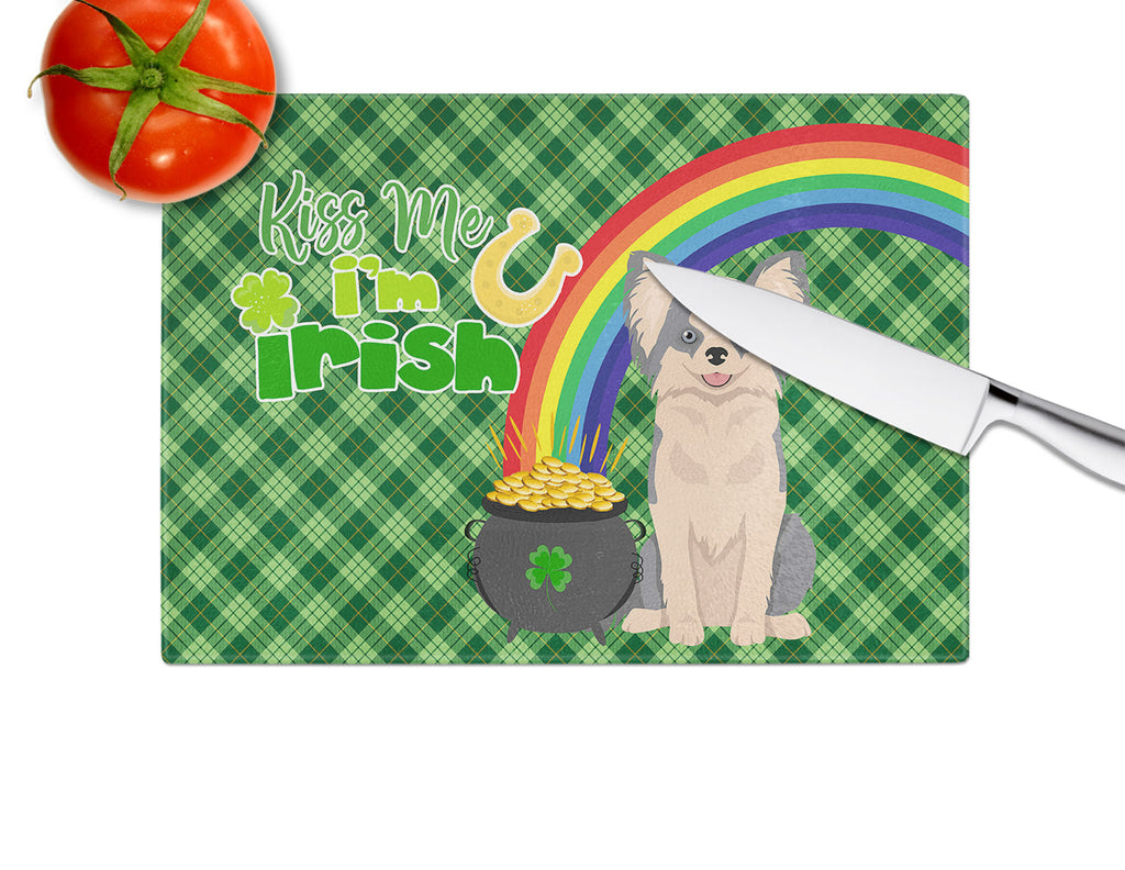 Longhaired Blue and White Chihuahua St. Patrick's Day Cutting Board Tempered Glass Kitchen Cutting Surface, Heat Resistant Chopping, Non-Slip Feet, Food Prep & Serving