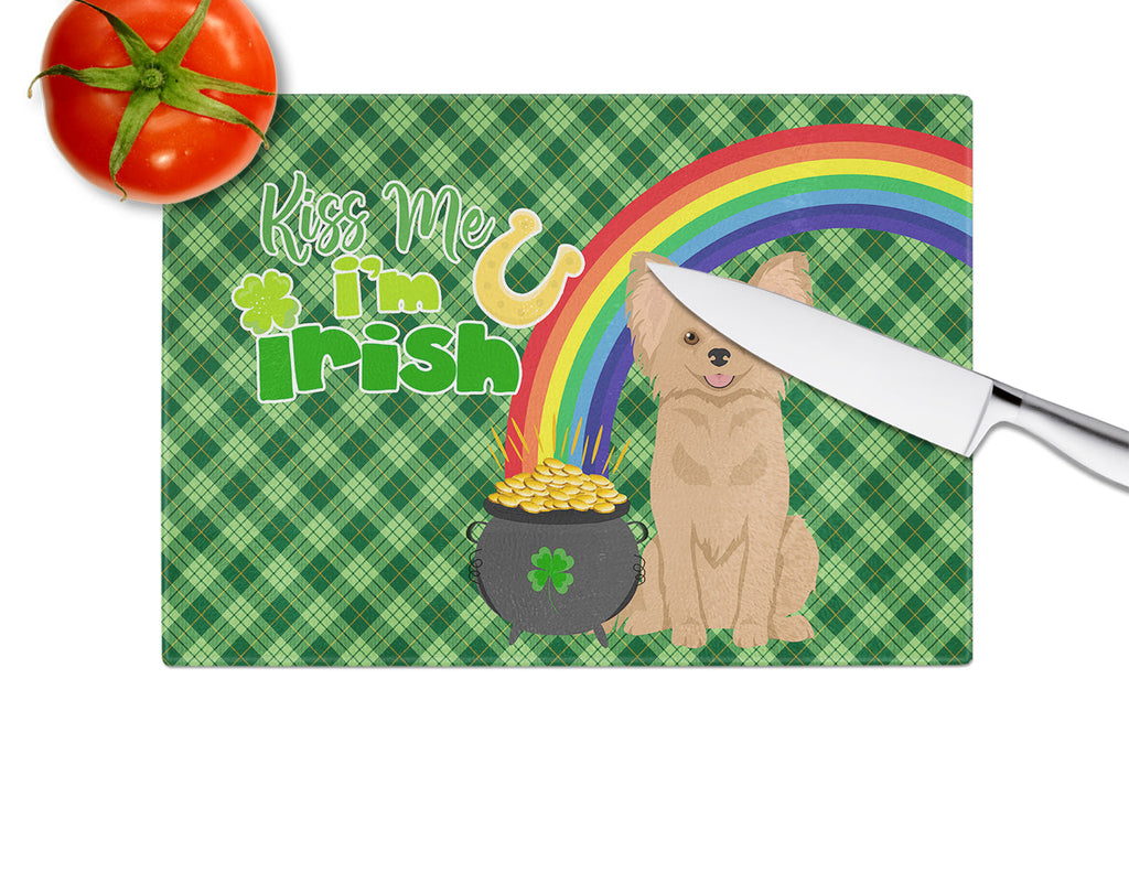 Longhaired Gold Chihuahua St. Patrick's Day Cutting Board Tempered Glass Kitchen Cutting Surface, Heat Resistant Chopping, Non-Slip Feet, Food Prep & Serving