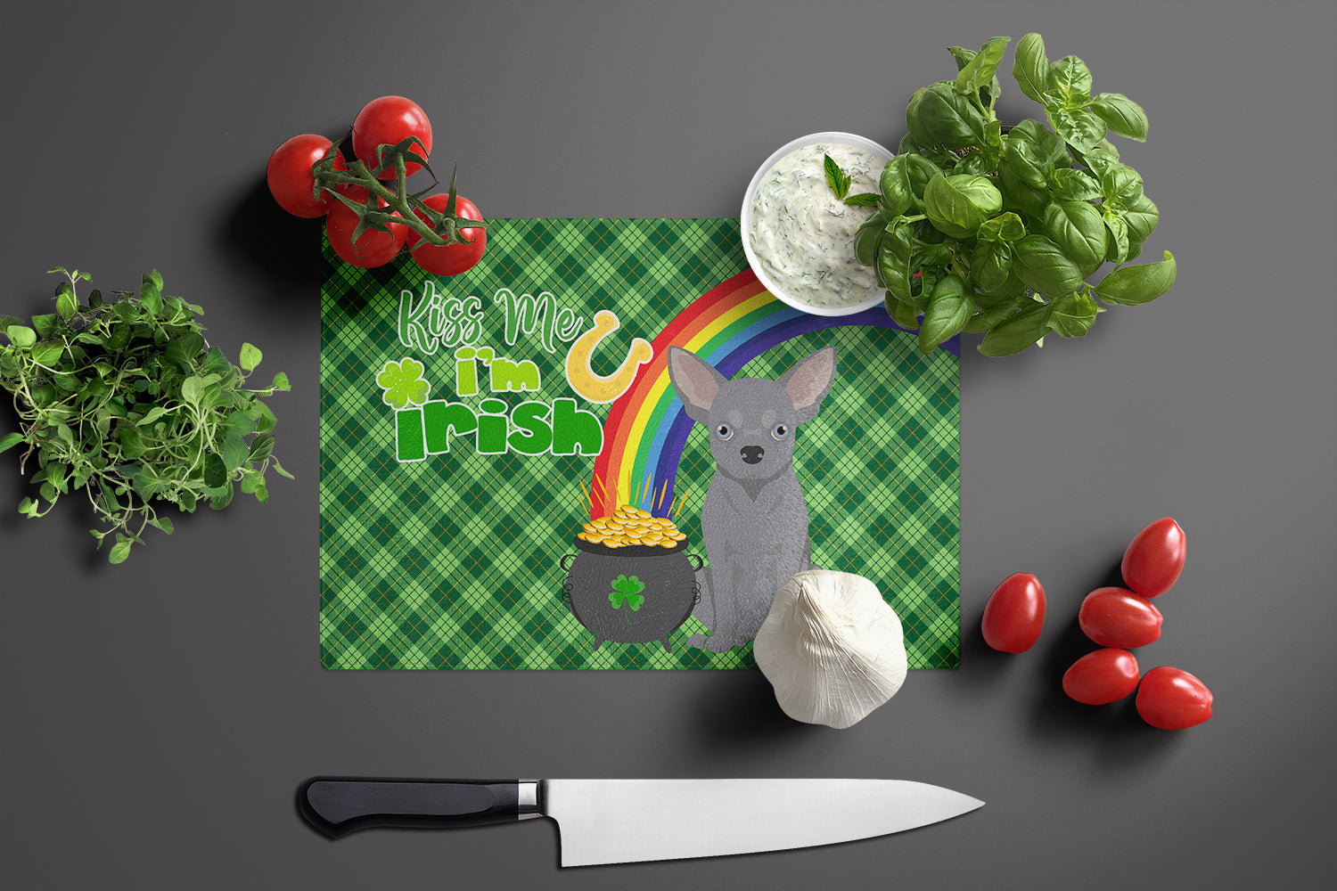 Blue Chihuahua St. Patrick's Day Cutting Board Tempered Glass Kitchen Cutting Surface, Heat Resistant Chopping, Non-Slip Feet, Food Prep & Serving