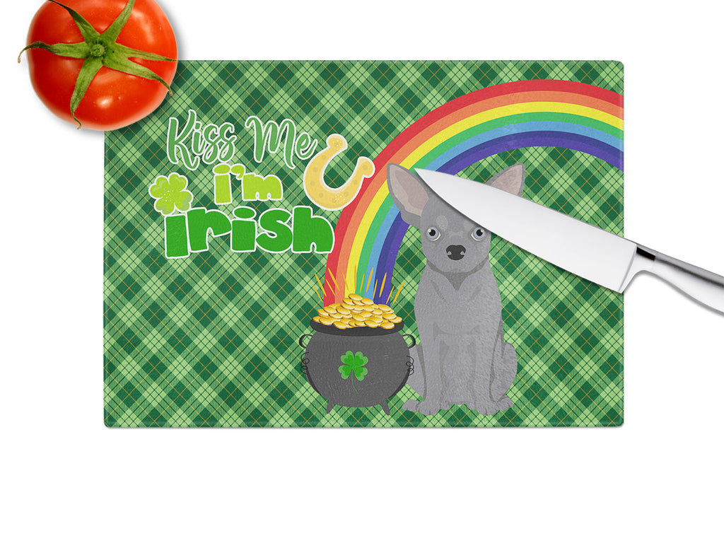Blue Chihuahua St. Patrick's Day Cutting Board Tempered Glass Kitchen Cutting Surface, Heat Resistant Chopping, Non-Slip Feet, Food Prep & Serving