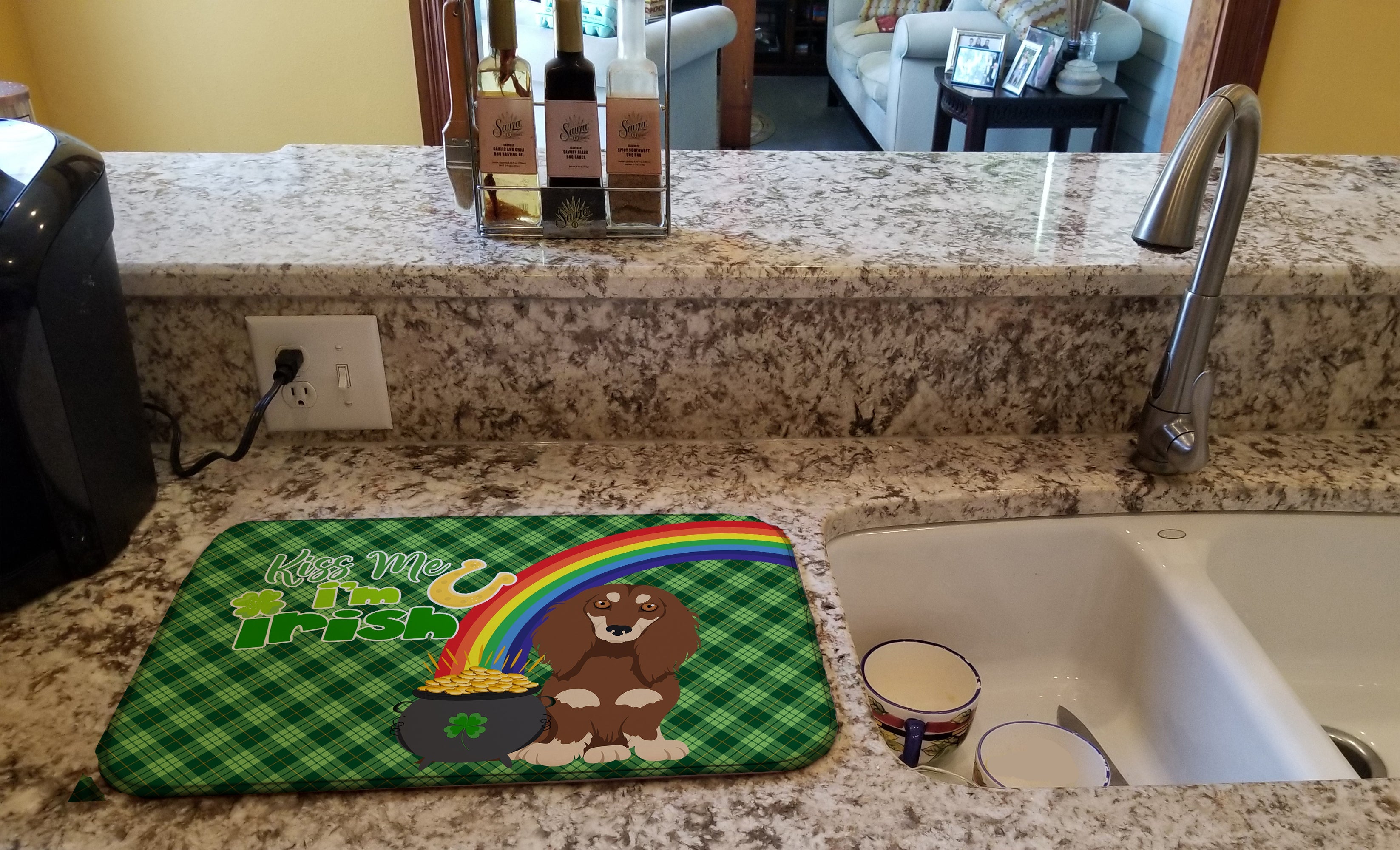 Longhair Chocolate and Cream Dachshund St. Patrick's Day Dish Drying Mat Absorbent Dish Drying Mat Pad for Kitchen Counter Dish Drainer Mat for Countertop, 14 x 21", Multicolor