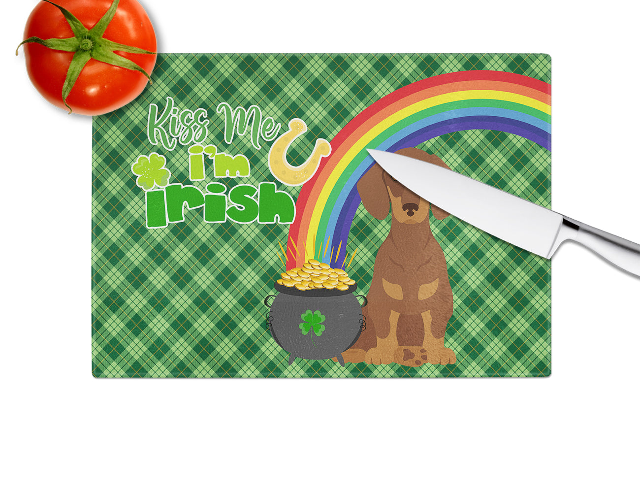 Chocolate and Tan Dachshund St. Patrick's Day Cutting Board Tempered Glass Kitchen Cutting Surface, Heat Resistant Chopping, Non-Slip Feet, Food Prep & Serving
