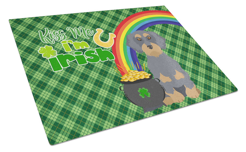 Wirehair Blue and Tan Dachshund St. Patrick's Day Cutting Board Tempered Glass Kitchen Cutting Surface, Heat Resistant Chopping, Non-Slip Feet, Food Prep & Serving