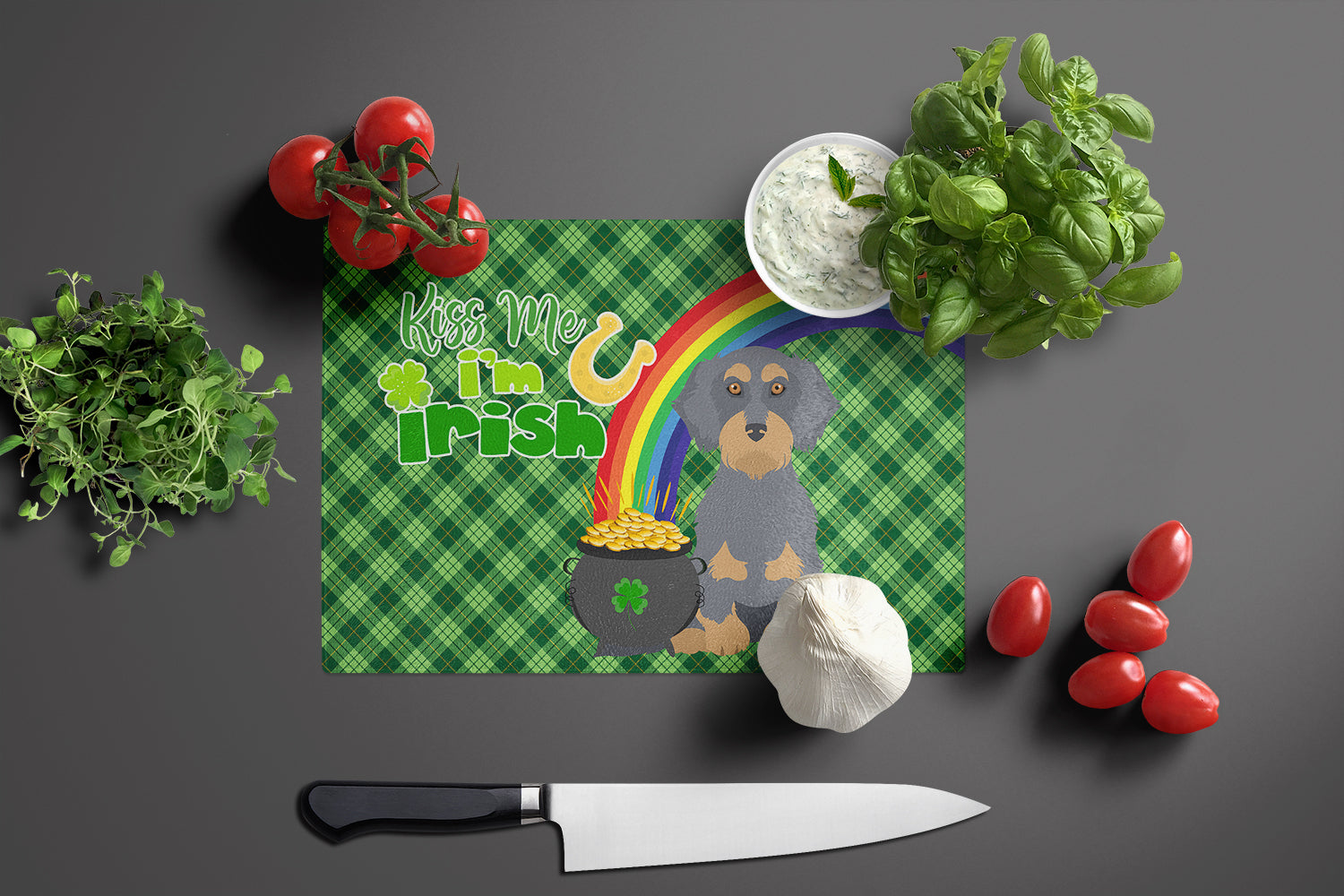 Wirehair Blue and Tan Dachshund St. Patrick's Day Cutting Board Tempered Glass Kitchen Cutting Surface, Heat Resistant Chopping, Non-Slip Feet, Food Prep & Serving